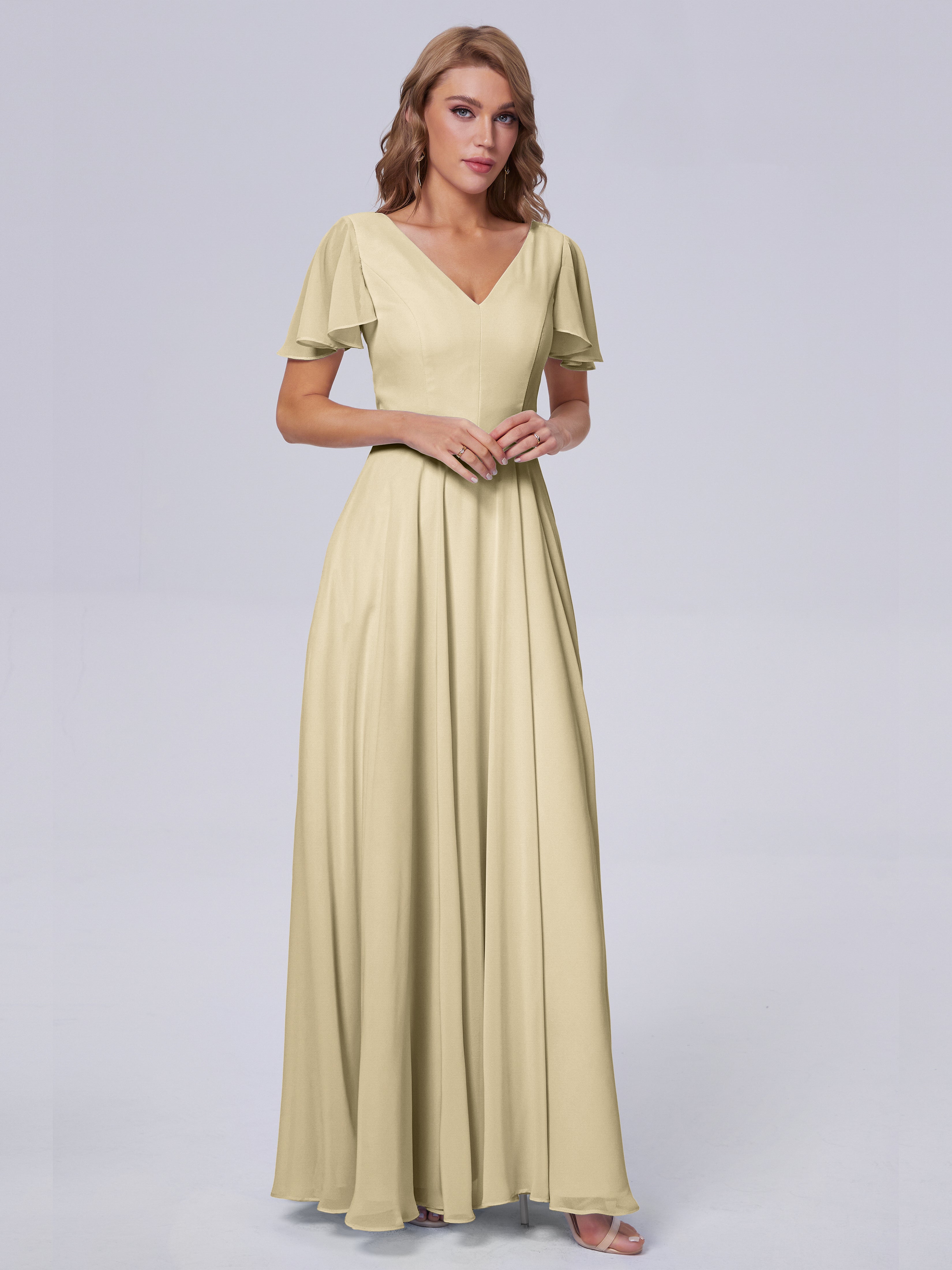 Robe Demoiselle D Honneur Couleur Champagne Manches Courtes Mousseline Robes Demoiselle D'Honneur