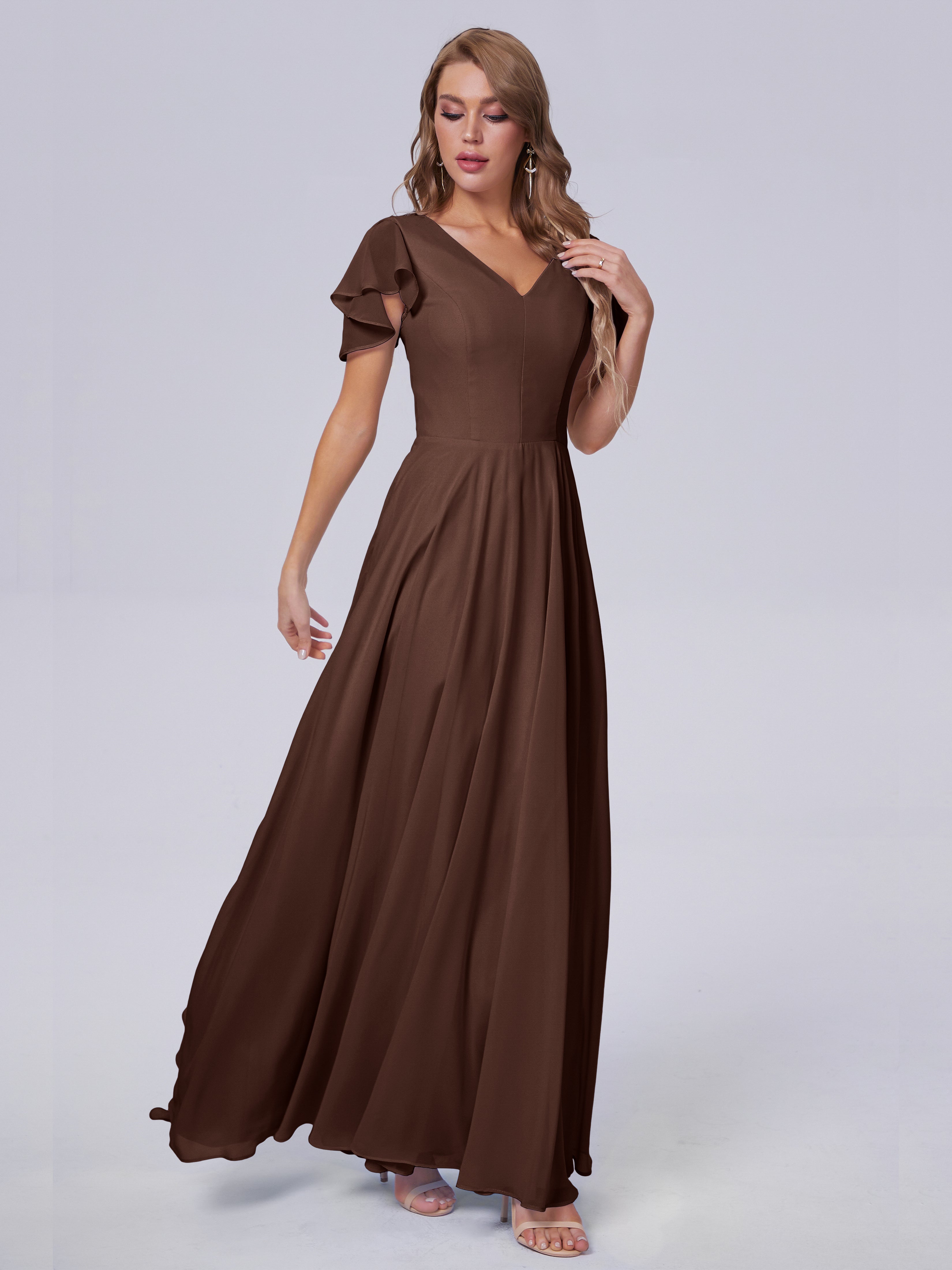 Robe Marron Chocolat Demoiselle D Honneur Manches Courtes Mousseline Robes Demoiselle D'Honneur