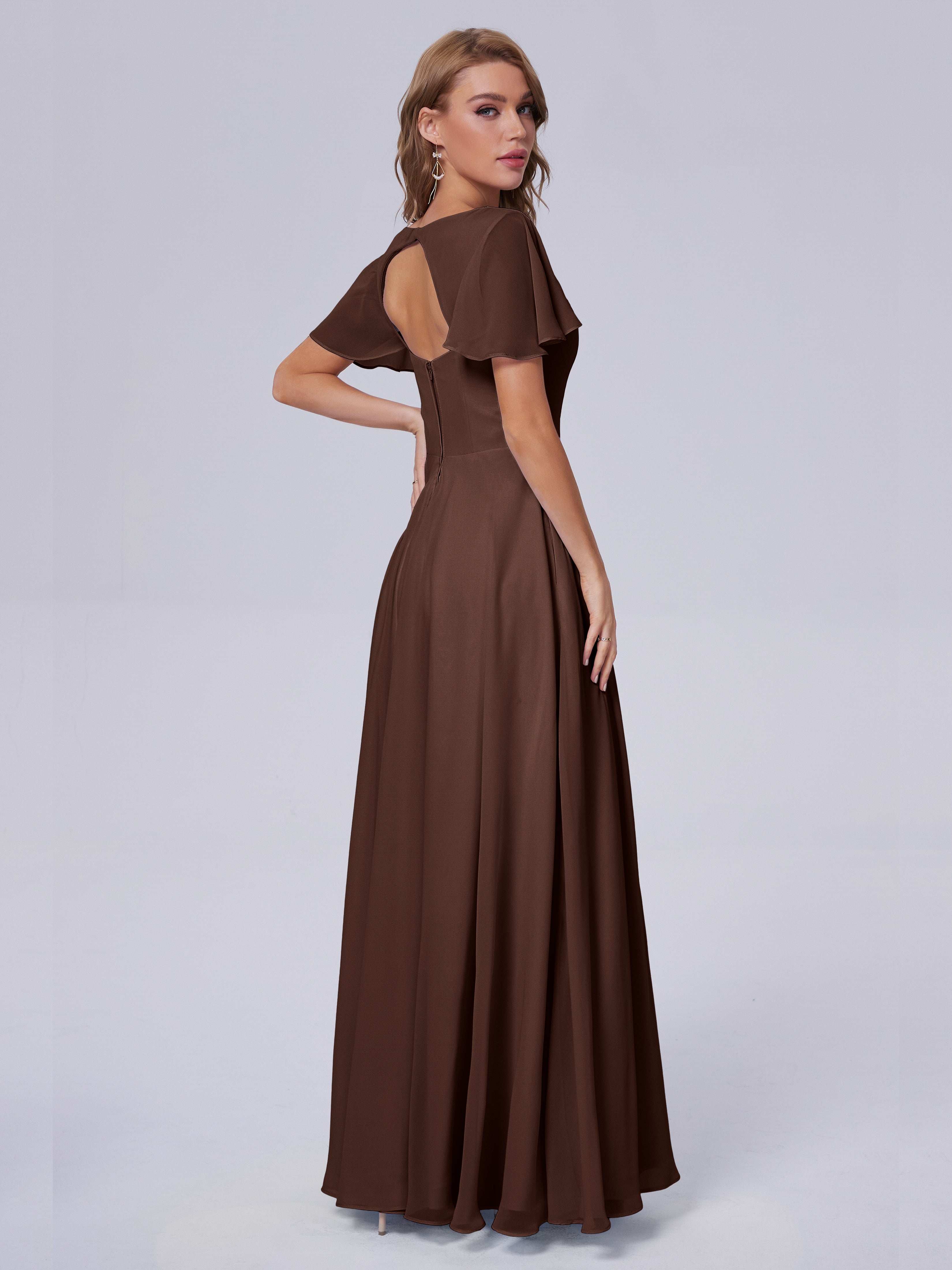 Robe Marron Chocolat Demoiselle D Honneur Manches Courtes Mousseline Robes Demoiselle D'Honneur