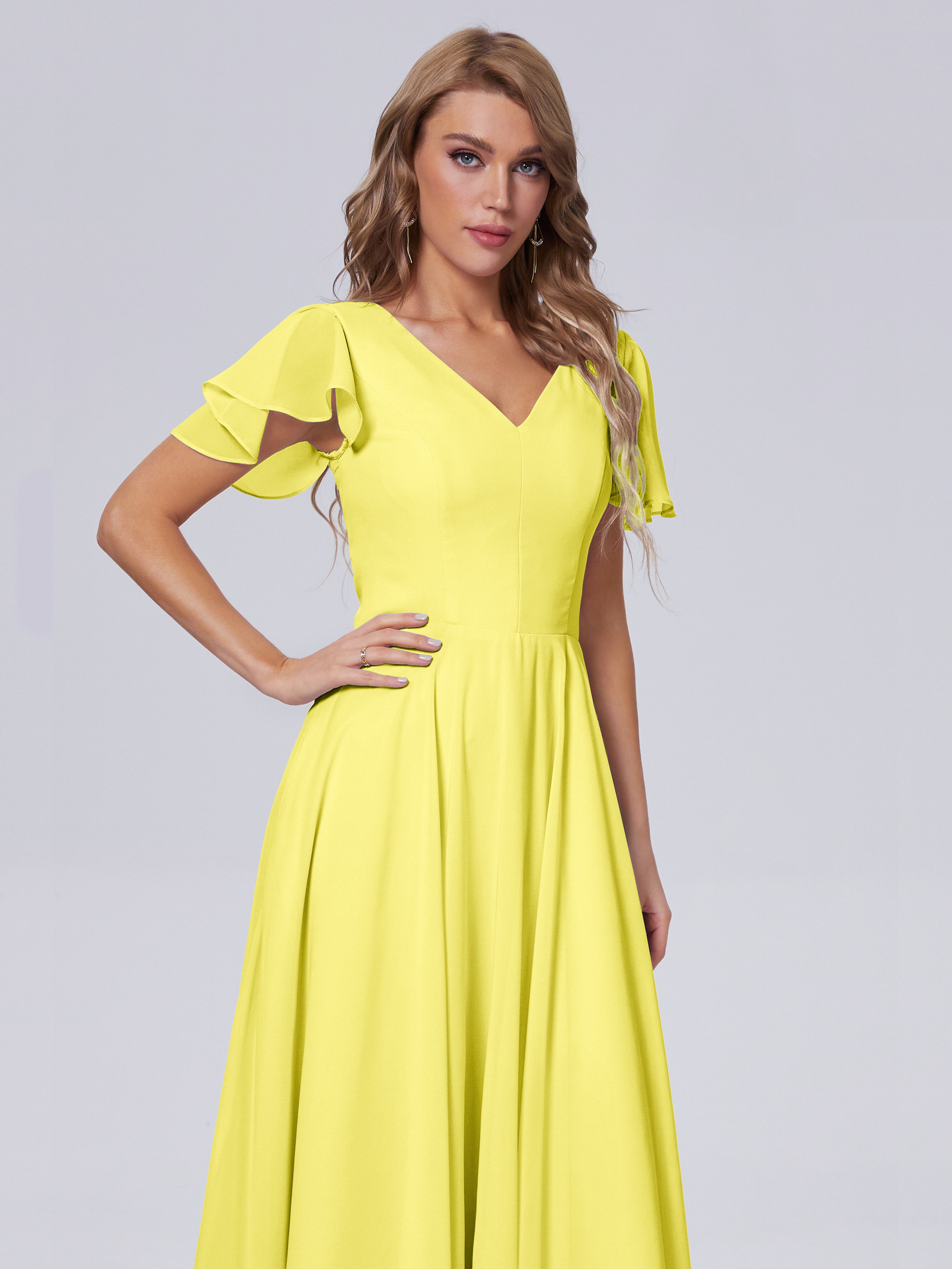 Robes De Demoiselle D'Honneur Citron Manches Courtes Col V Mousseline Robes Demoiselle D'Honneur