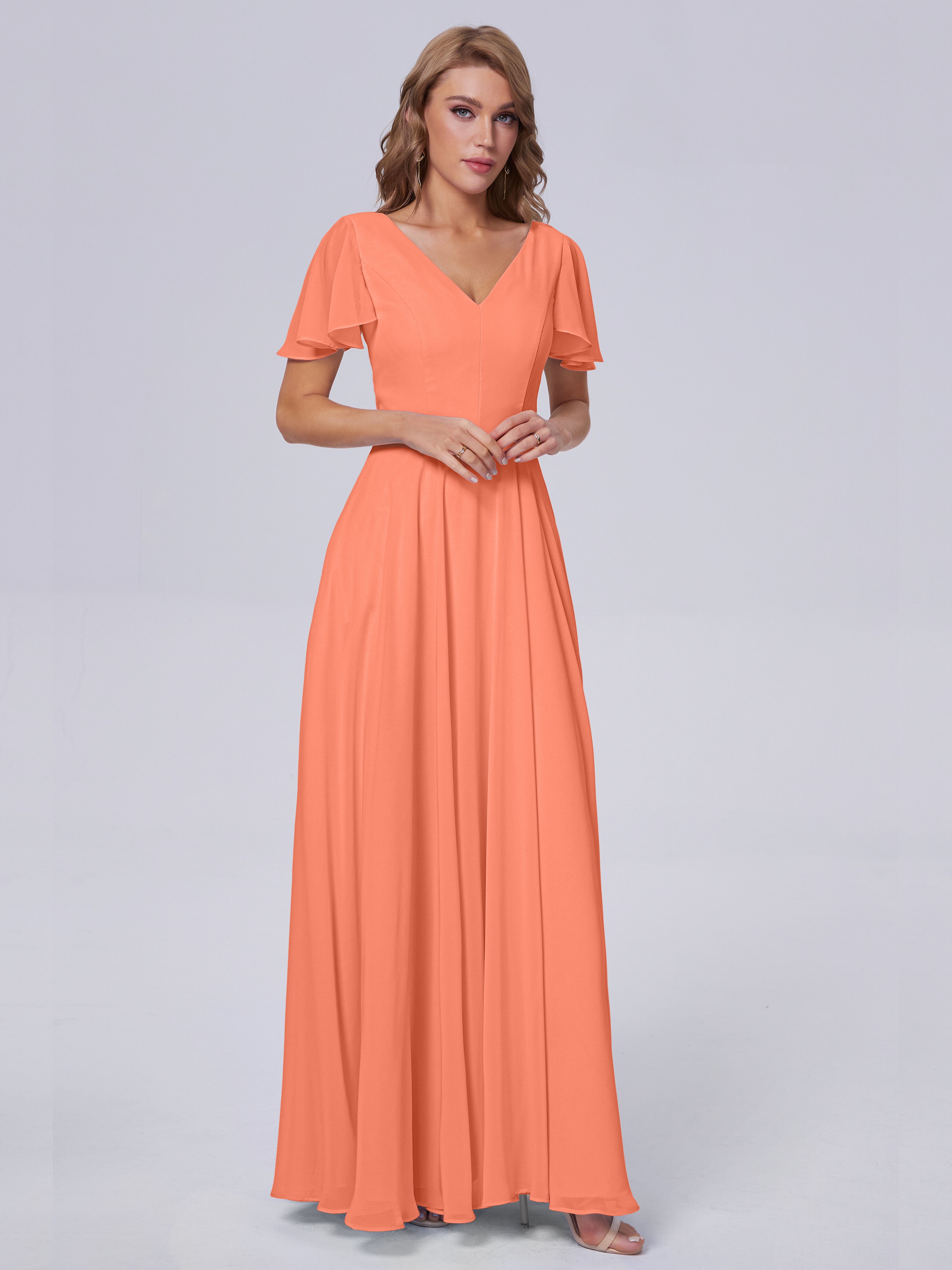 Robes De Demoiselle D'Honneur Coucher De Soleil Manches Courtes Col V Mousseline Robes Demoiselle D'Honneur