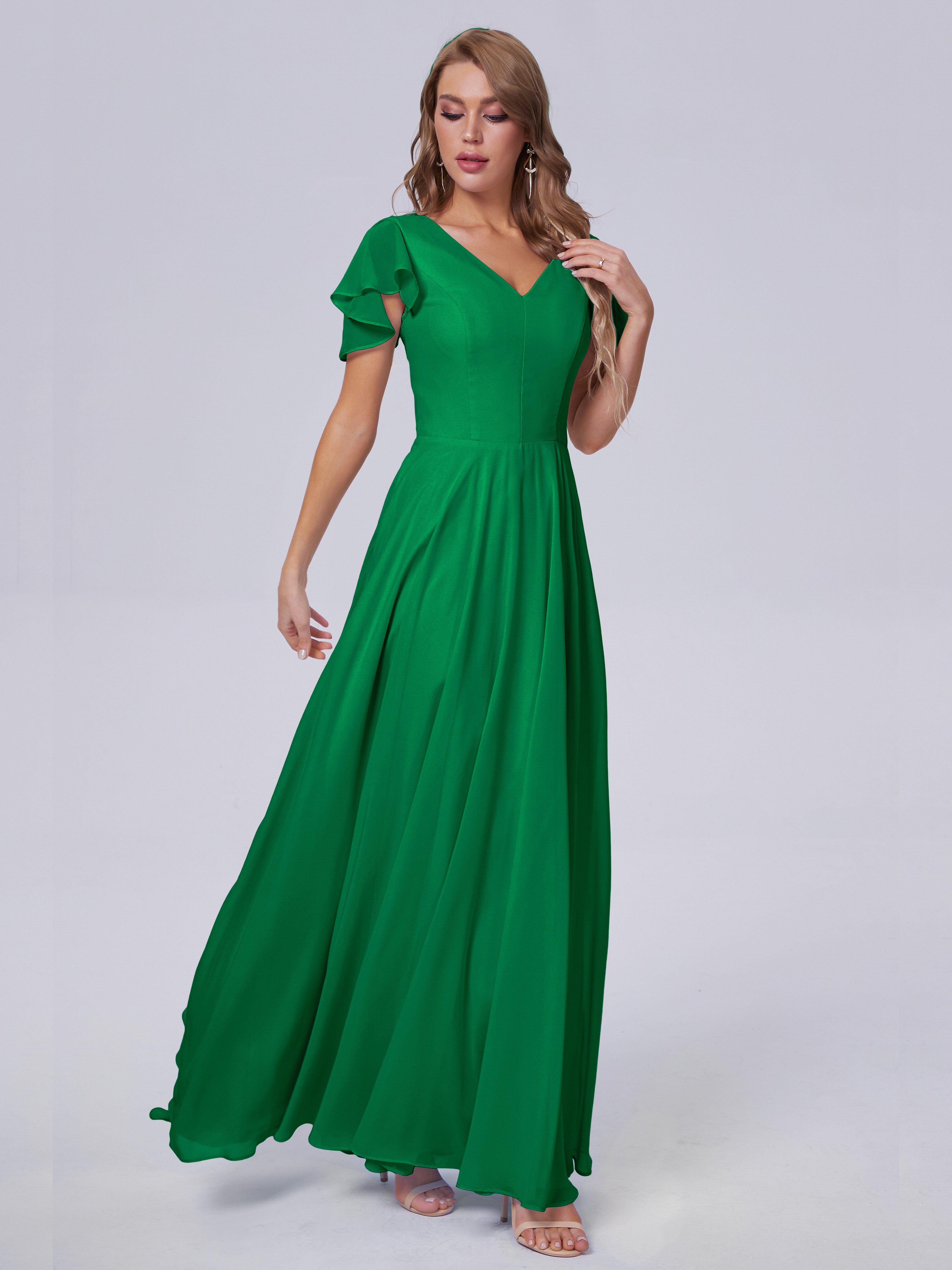 Robe Demoiselle D Honneur Vert Émeraude Manches Courtes Mousseline Robes Demoiselle D'Honneur