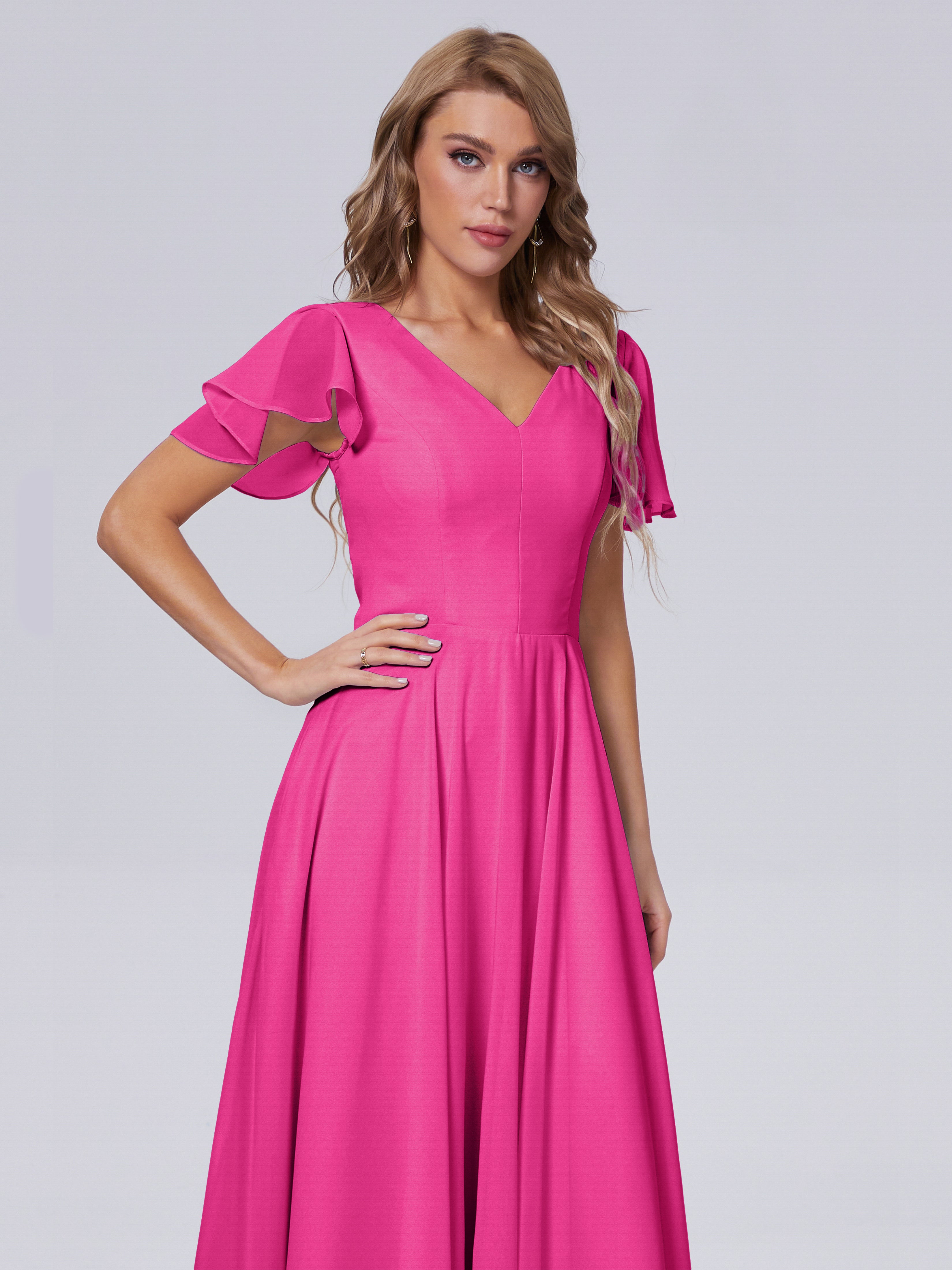Robe Demoiselle D Honneur Fuchsia Manches Courtes Mousseline Robes Demoiselle D'Honneur