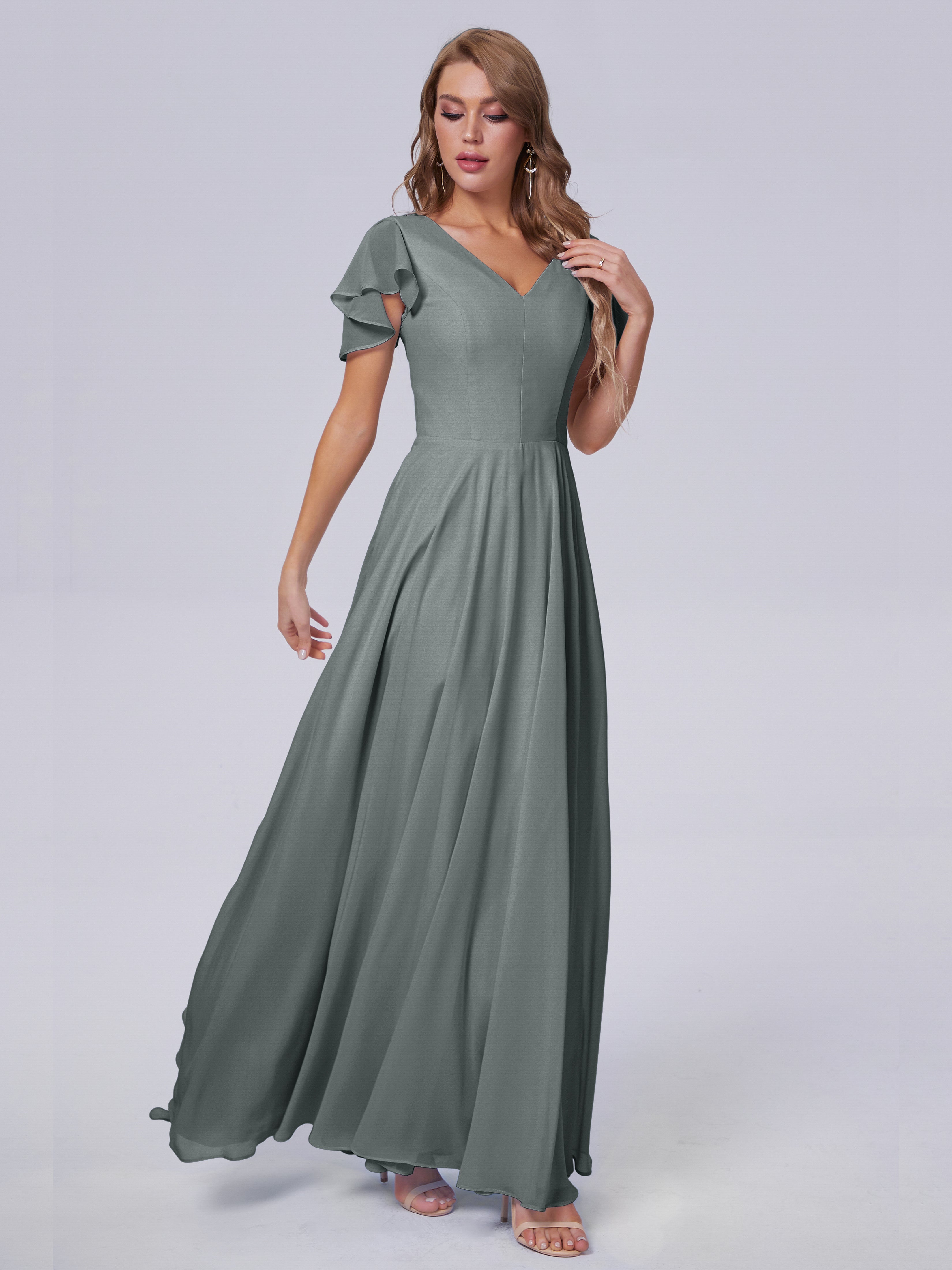 Robe Grise Demoiselle D Honneur Manches Courtes Mousseline Robes Demoiselle D'Honneur