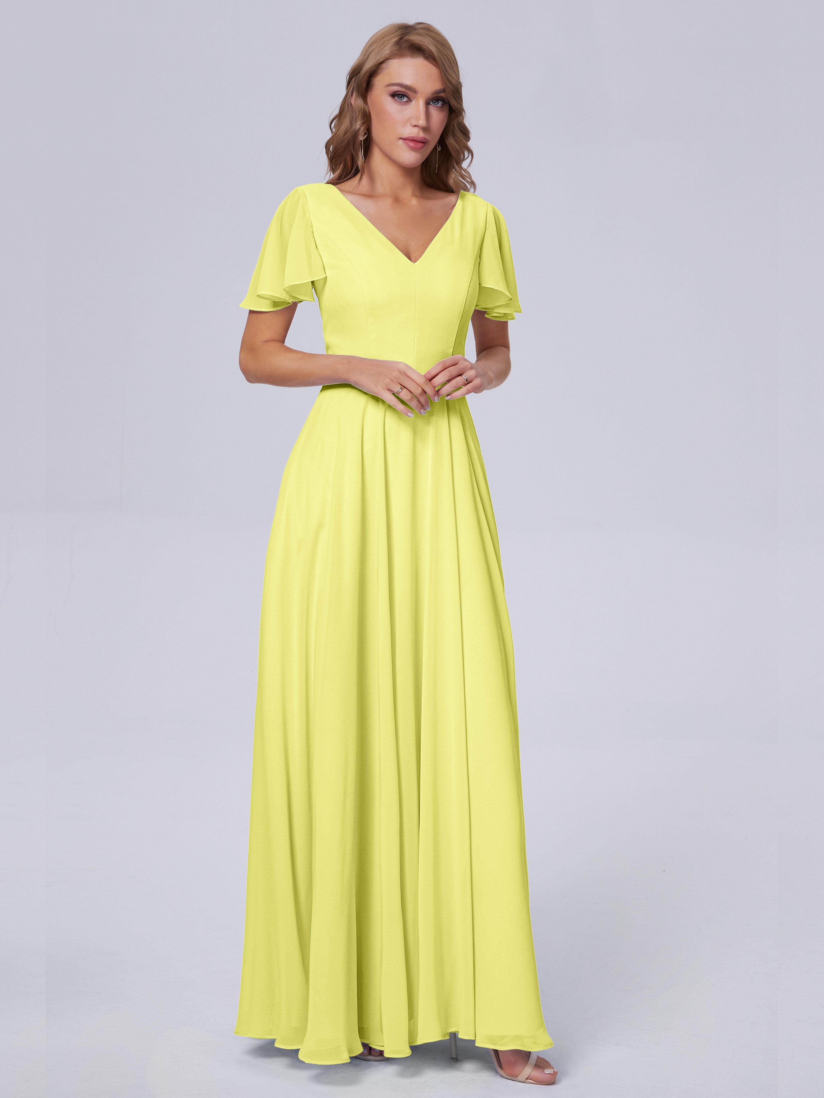 Robes De Demoiselle D'Honneur Jonquille Manches Courtes Col V Mousseline Robes Demoiselle D'Honneur