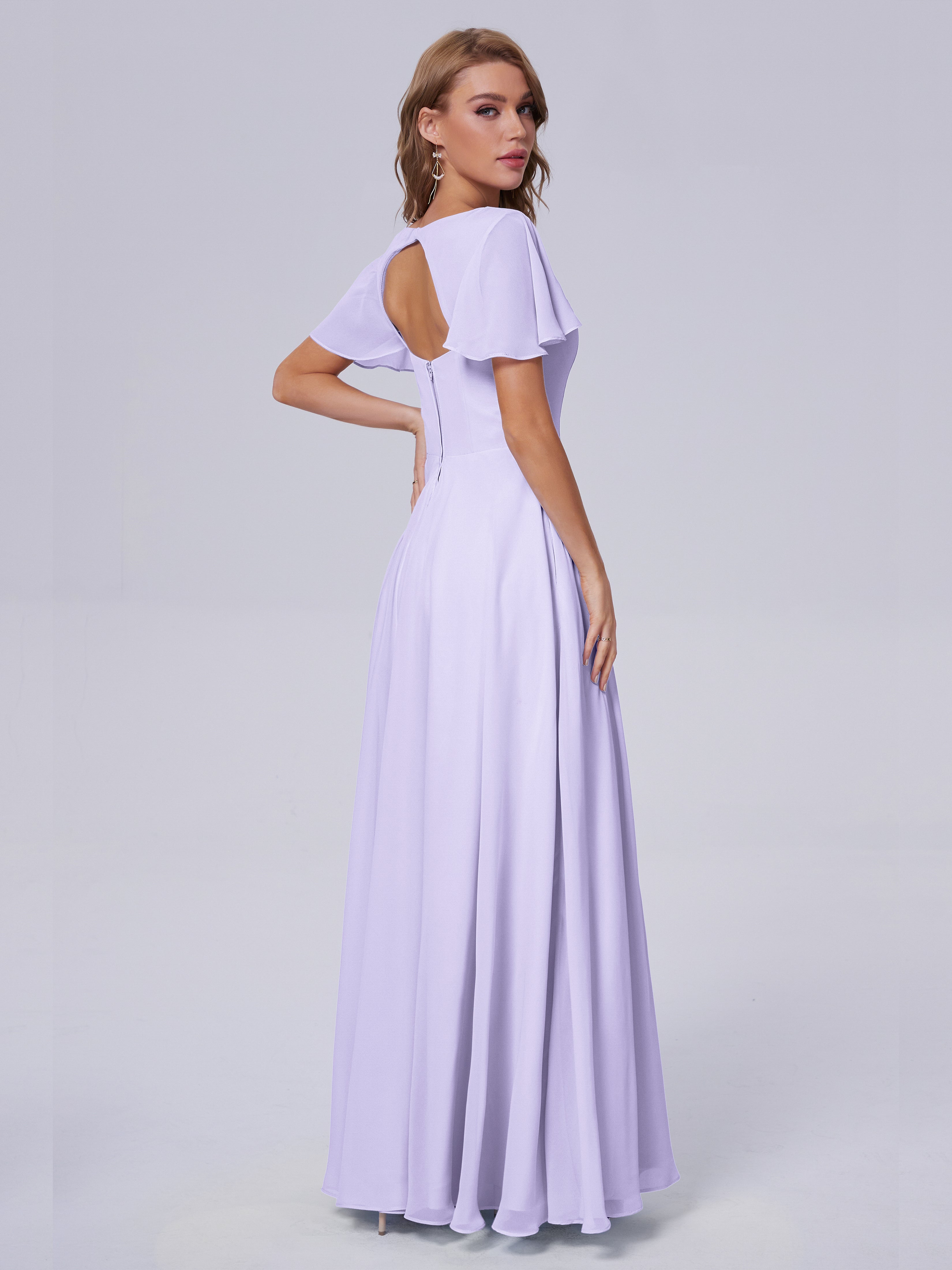 Robe Lilas Demoiselle D Honneur Manches Courtes Mousseline Robes Demoiselle D'Honneur