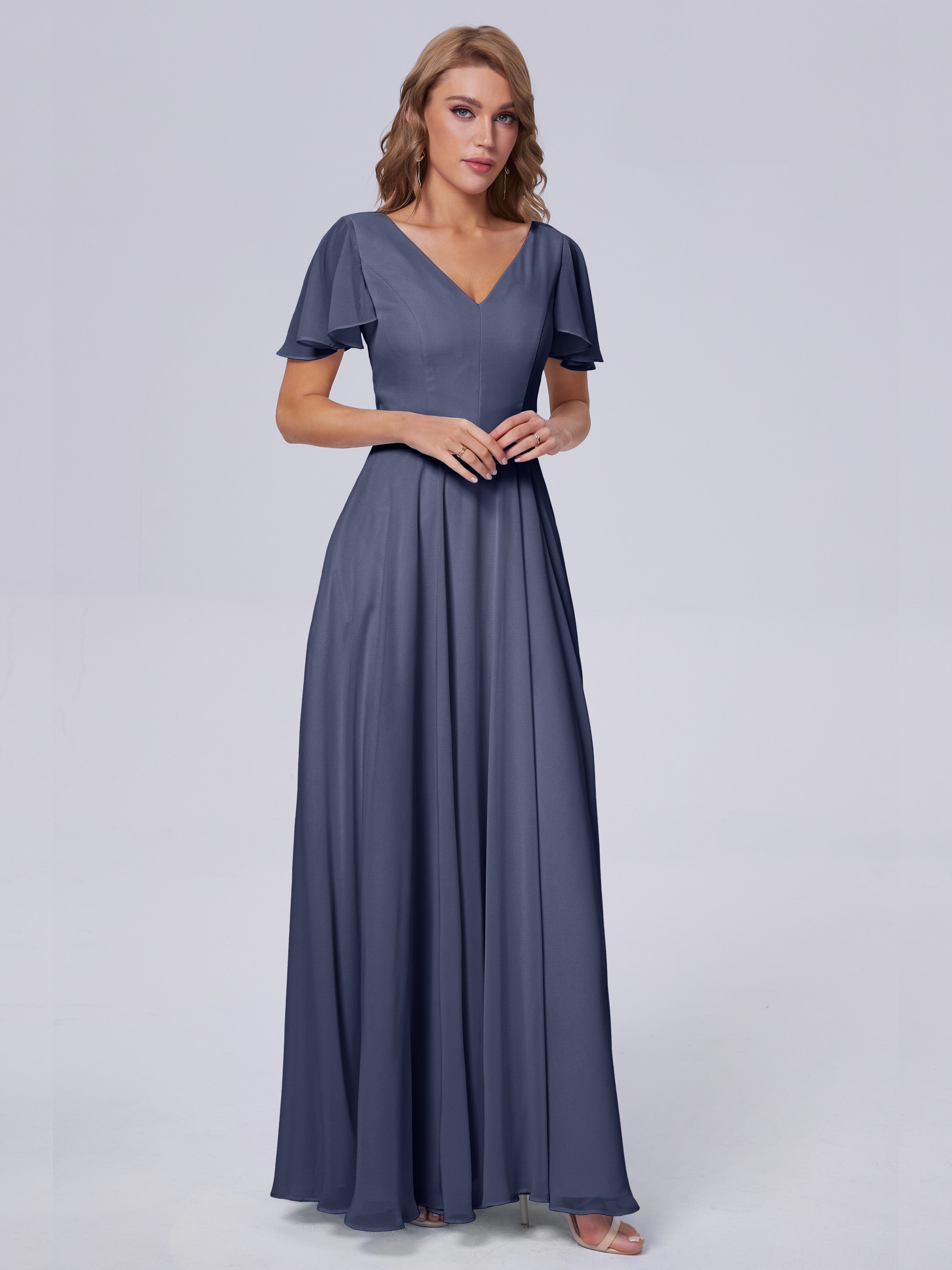 Robes De Demoiselle D'Honneur Bleu Orageux Manches Courtes Col V Mousseline Robes Demoiselle D'Honneur