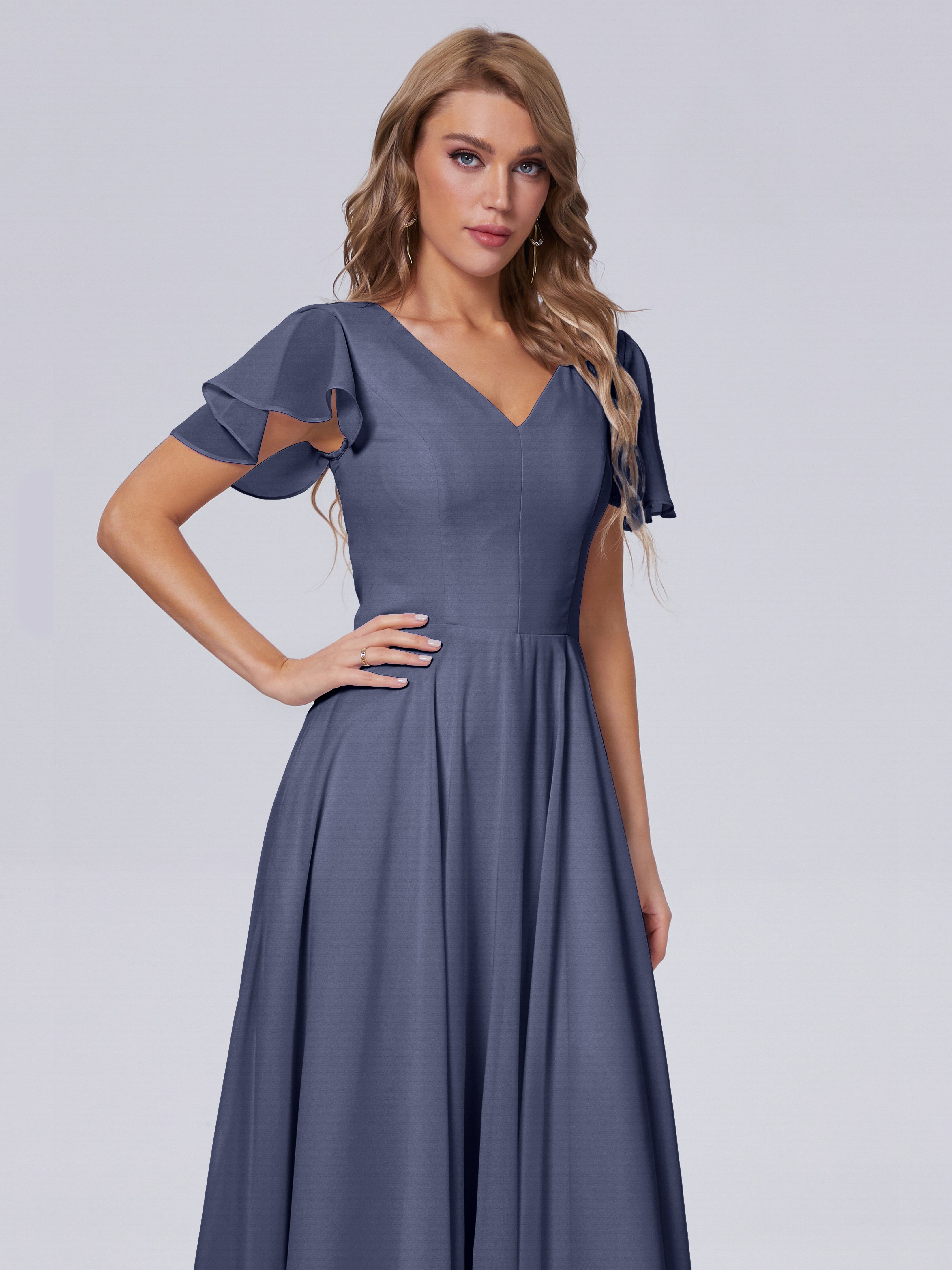 Robes De Demoiselle D'Honneur Bleu Orageux Manches Courtes Col V Mousseline Robes Demoiselle D'Honneur