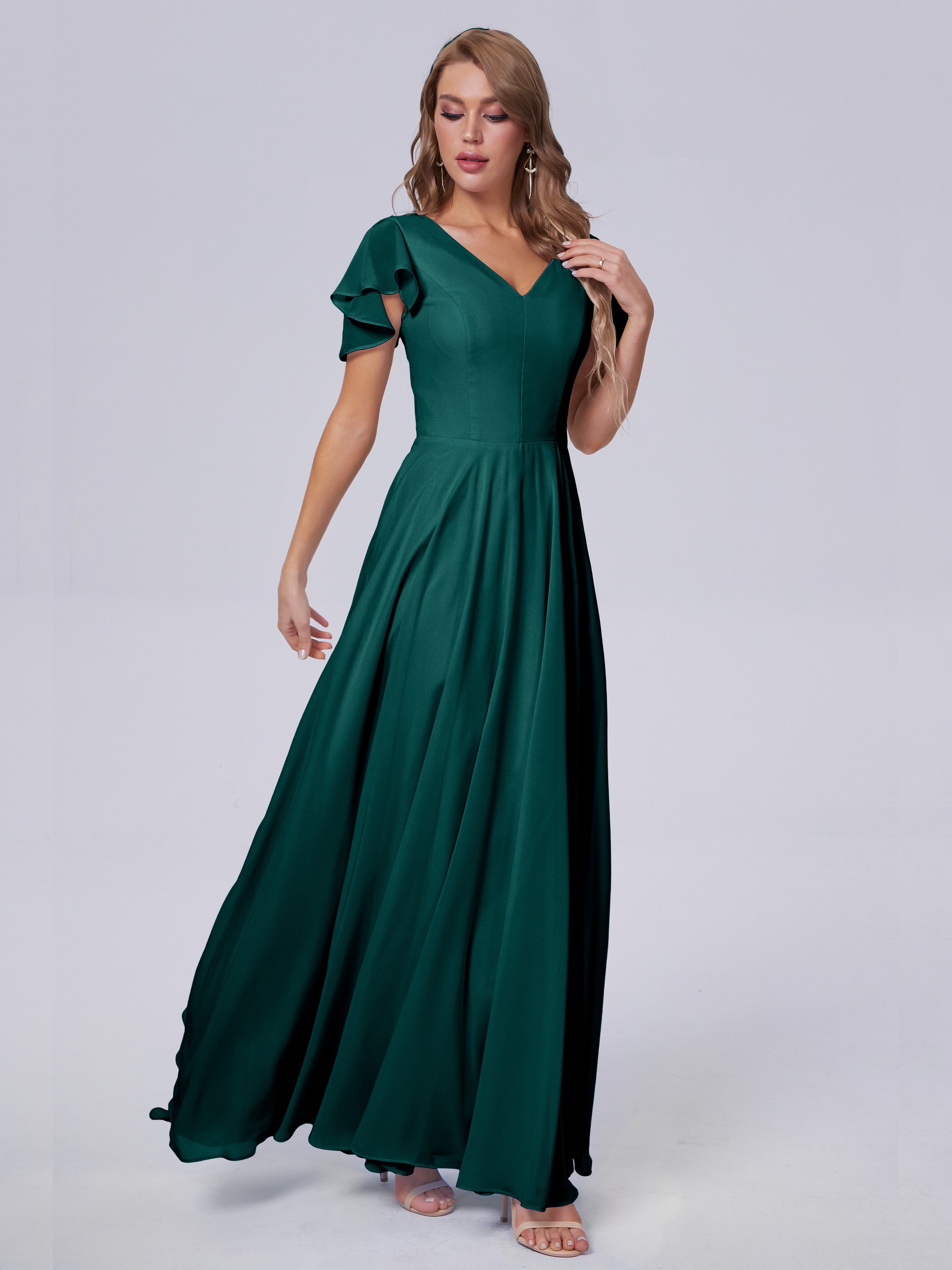 Robes De Demoiselle D'Honneur Couleur Paon Manches Courtes Mousseline Robes Demoiselle D'Honneur