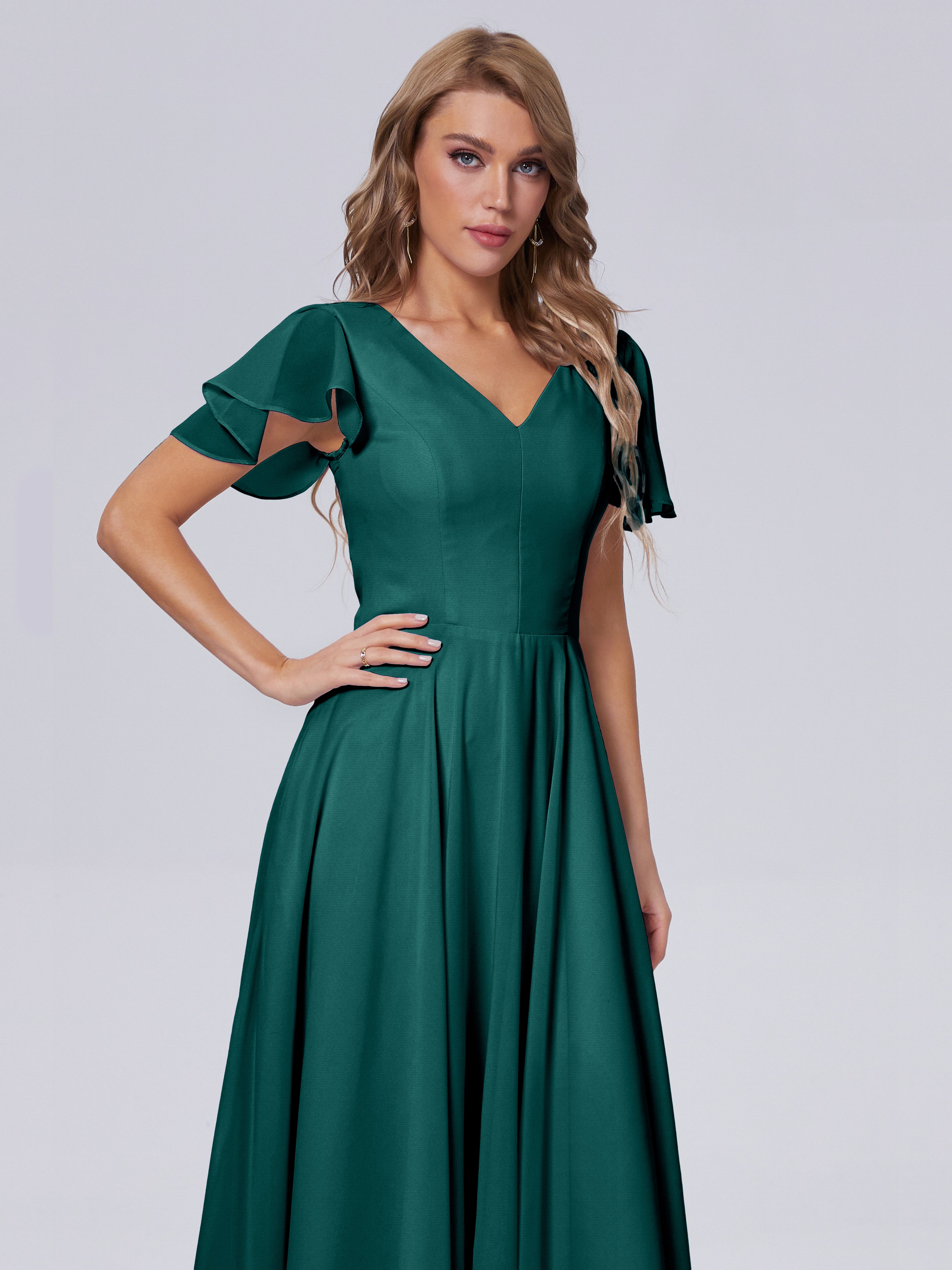 Robes De Demoiselle D'Honneur Couleur Paon Manches Courtes Mousseline Robes Demoiselle D'Honneur