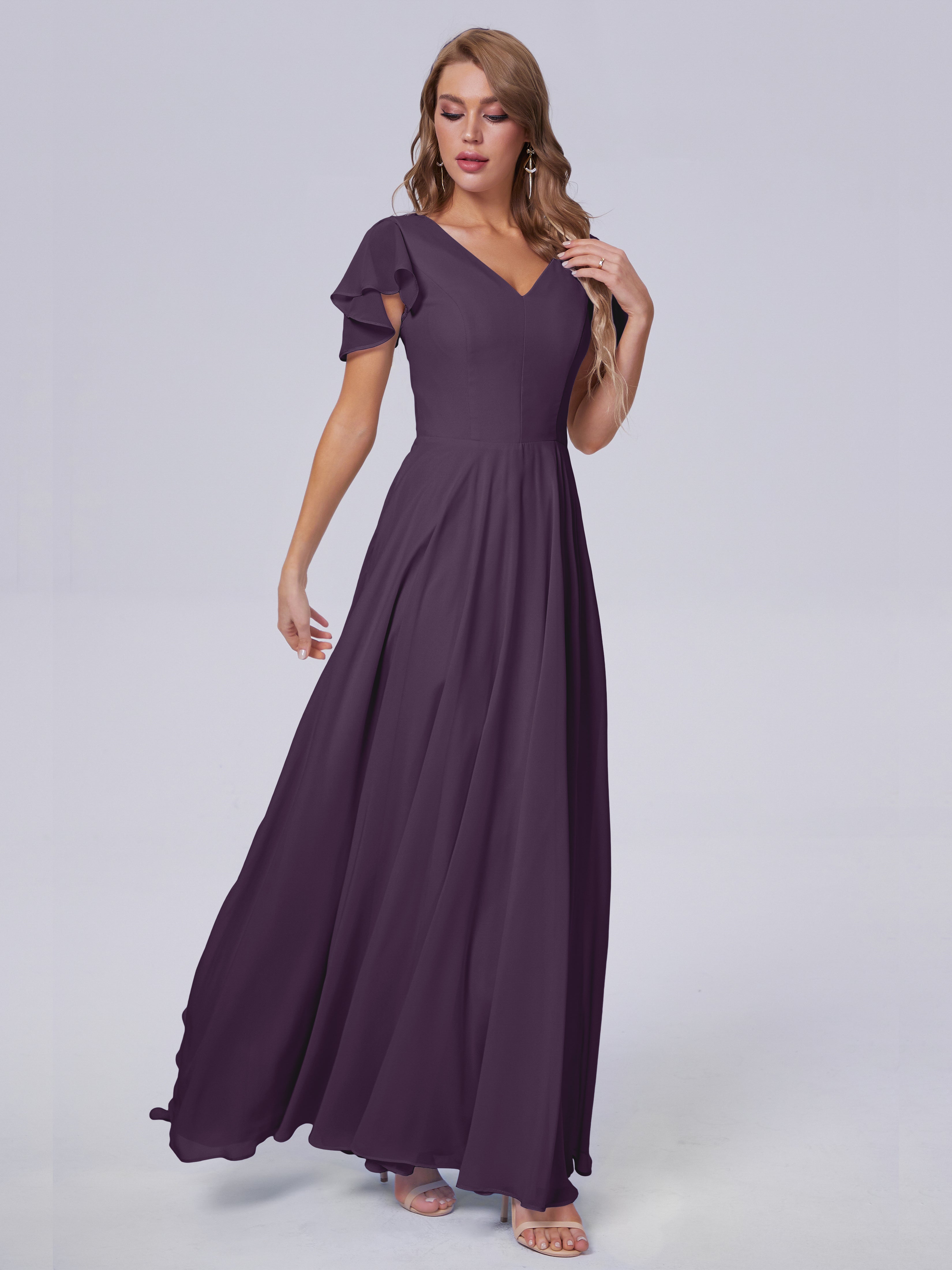 Robe De Demoiselle D'Honneur En Plum Manches Courtes Mousseline Robes Demoiselle D'Honneur
