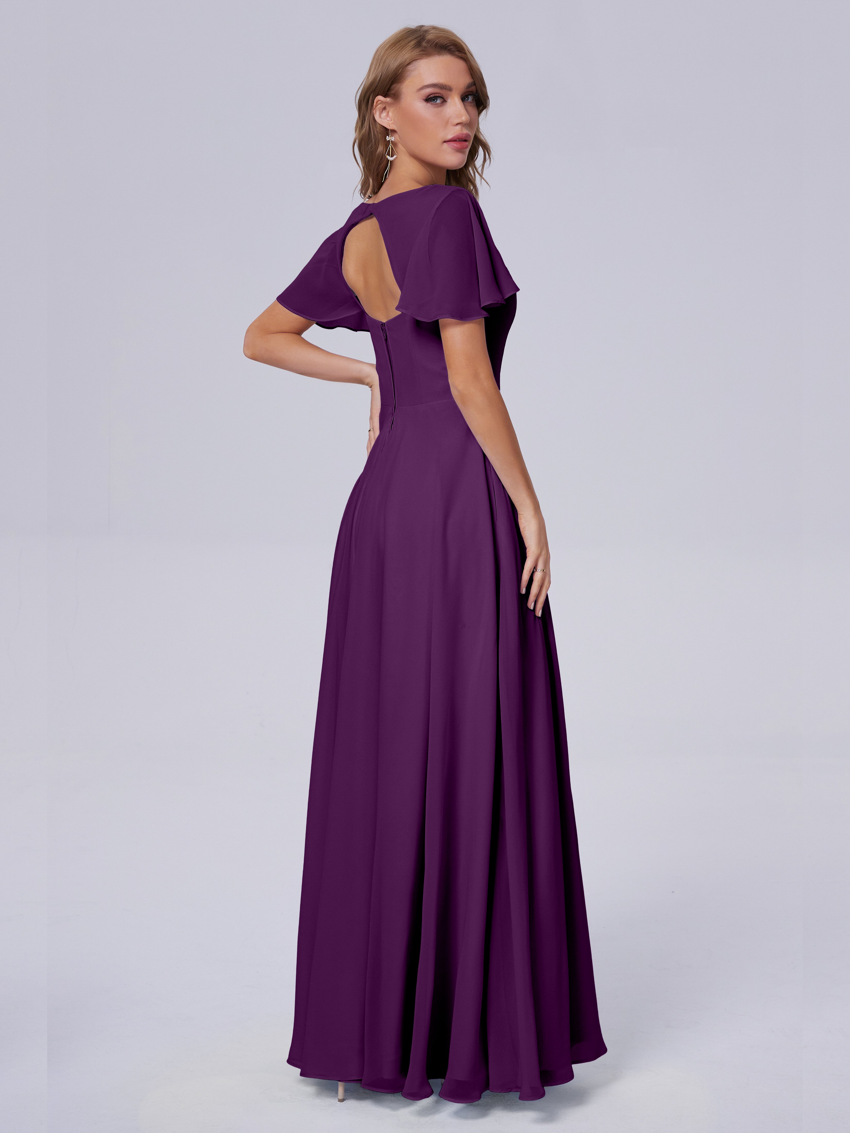 Robes De Demoiselle D'Honneur En Raisin Manches Courtes Col V Mousseline Robes Demoiselle D'Honneur