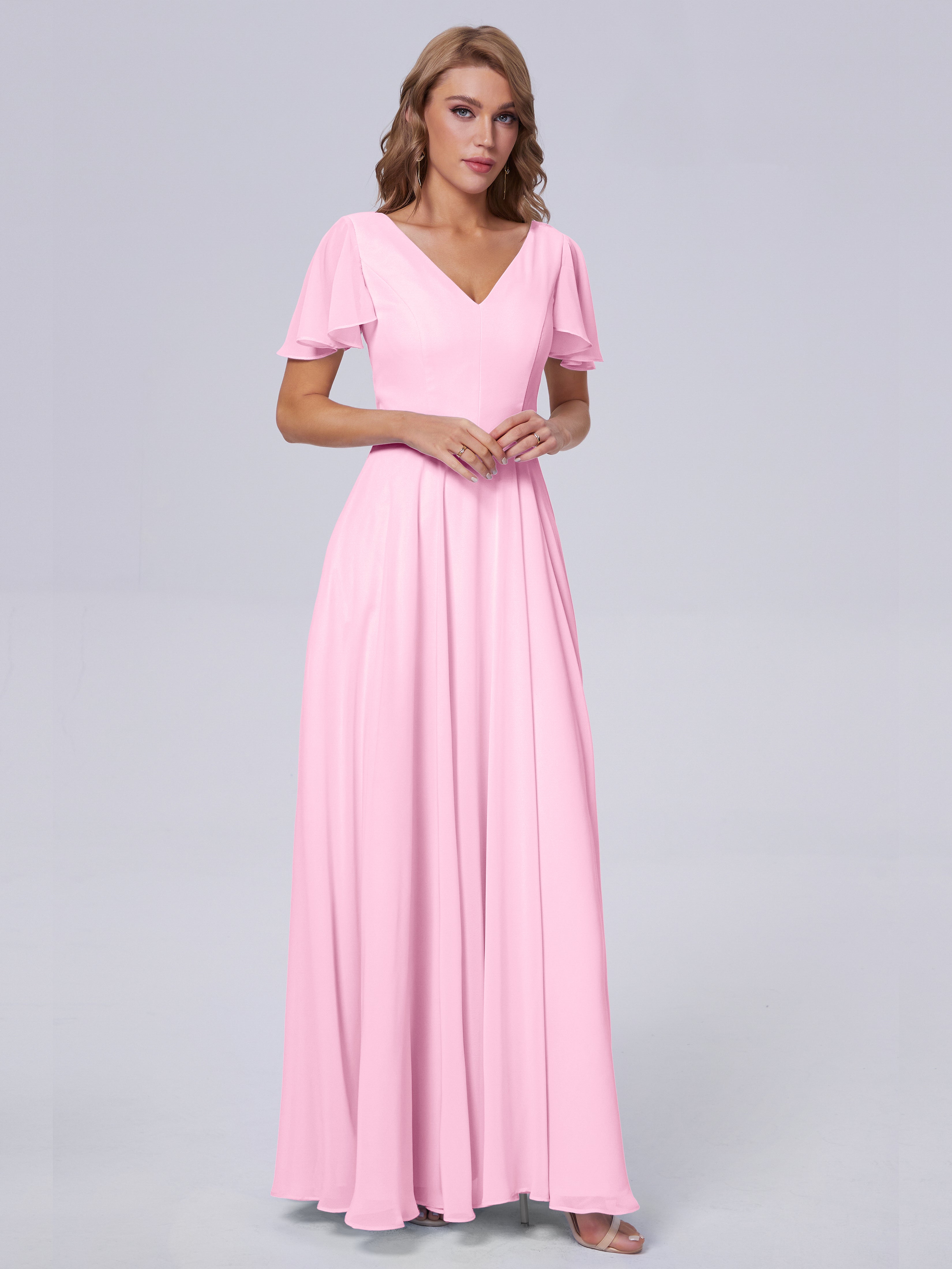 Robes De Demoiselle D'Honneur Rose Bonbon Manches Courtes Mousseline Robes Demoiselle D'Honneur