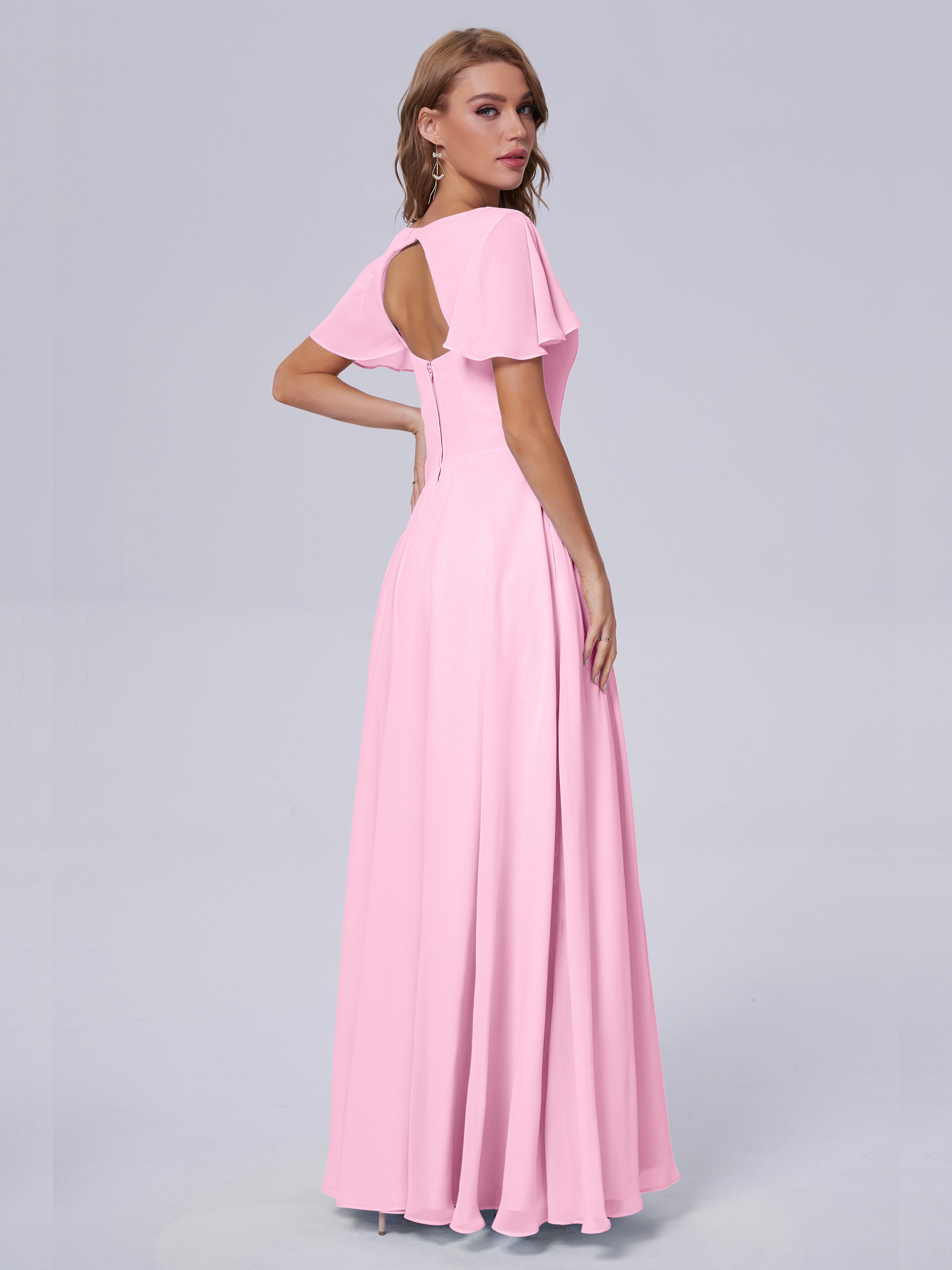 Robes De Demoiselle D'Honneur Rose Bonbon Manches Courtes Mousseline Robes Demoiselle D'Honneur