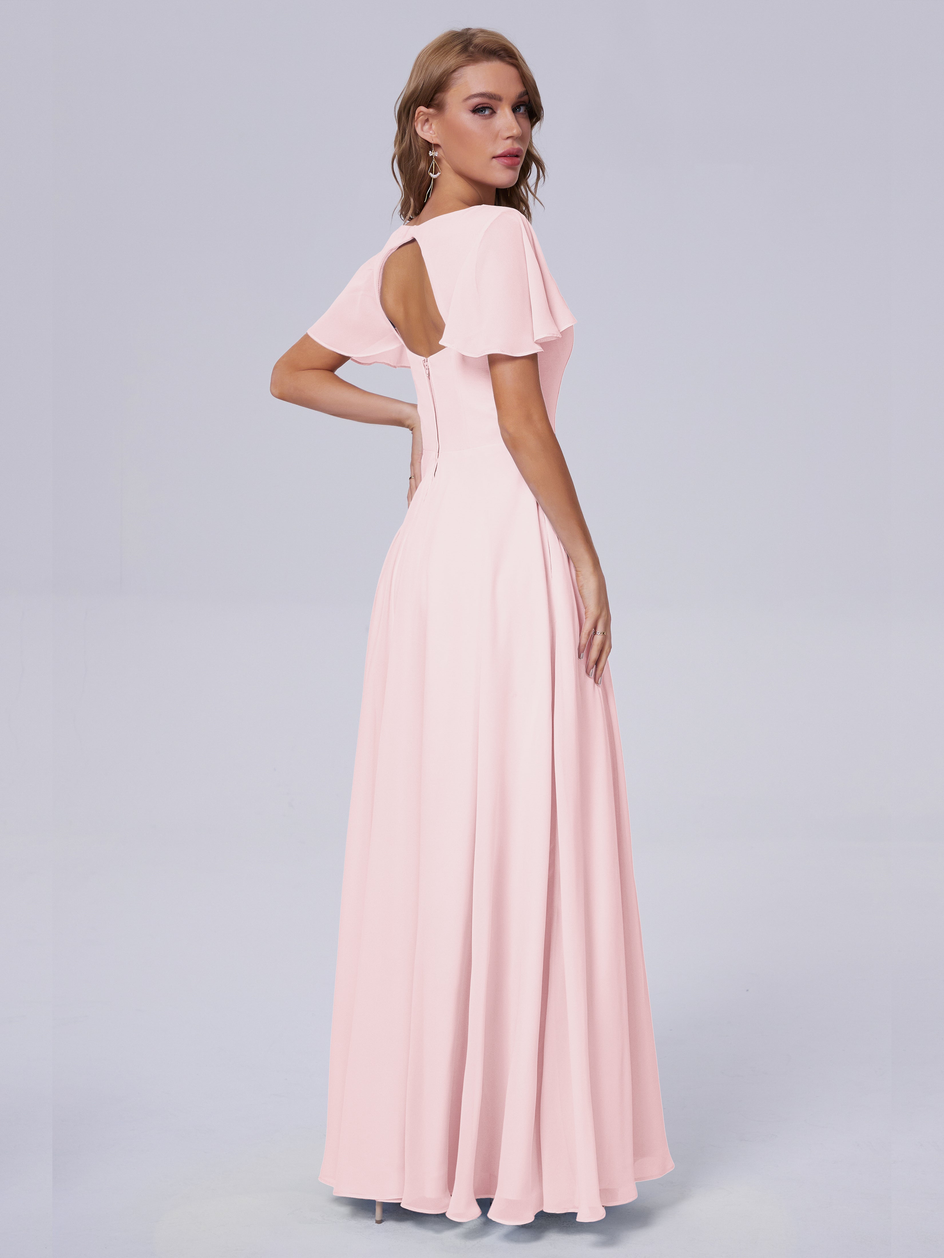 Demoiselle D Honneur Robe Rose Pale Manches Courtes Mousseline Robes Demoiselle D'Honneur