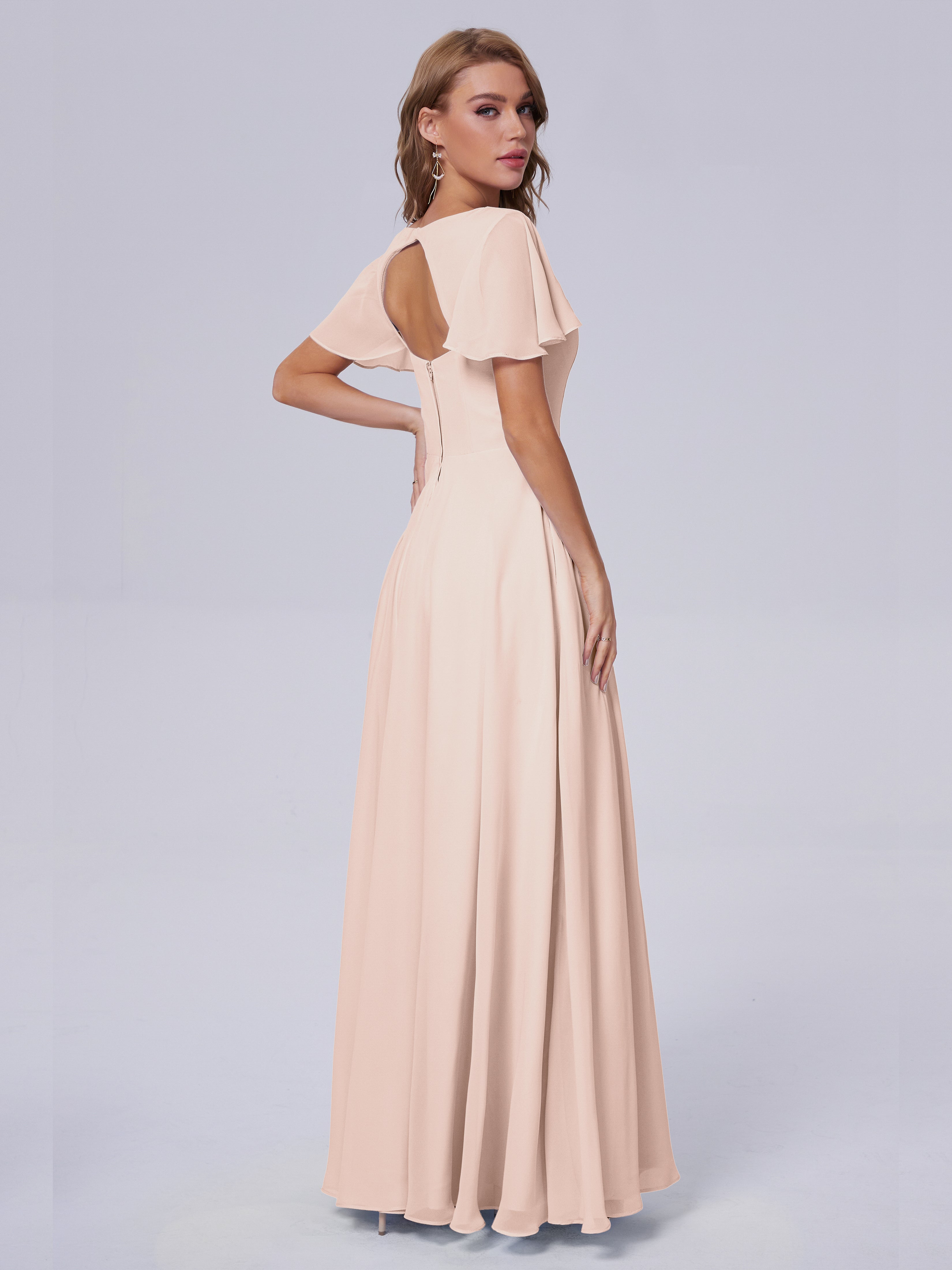 Robe De Demoiselle D'Honneur En Perles Manches Courtes Mousseline Robes Demoiselle D'Honneur