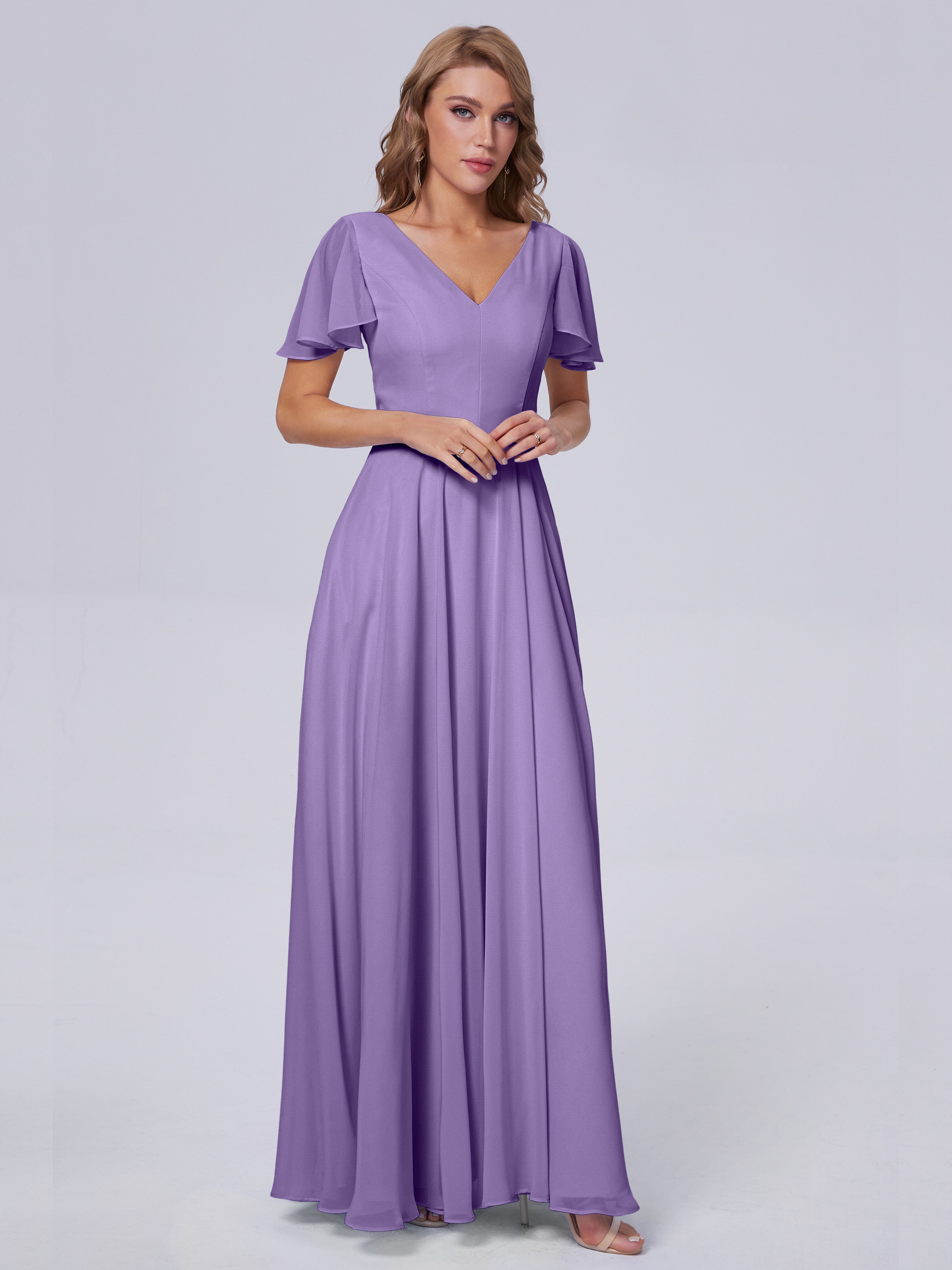 Robes De Demoiselle D'Honneur Tahiti Manches Courtes Col V Mousseline Robes Demoiselle D'Honneur