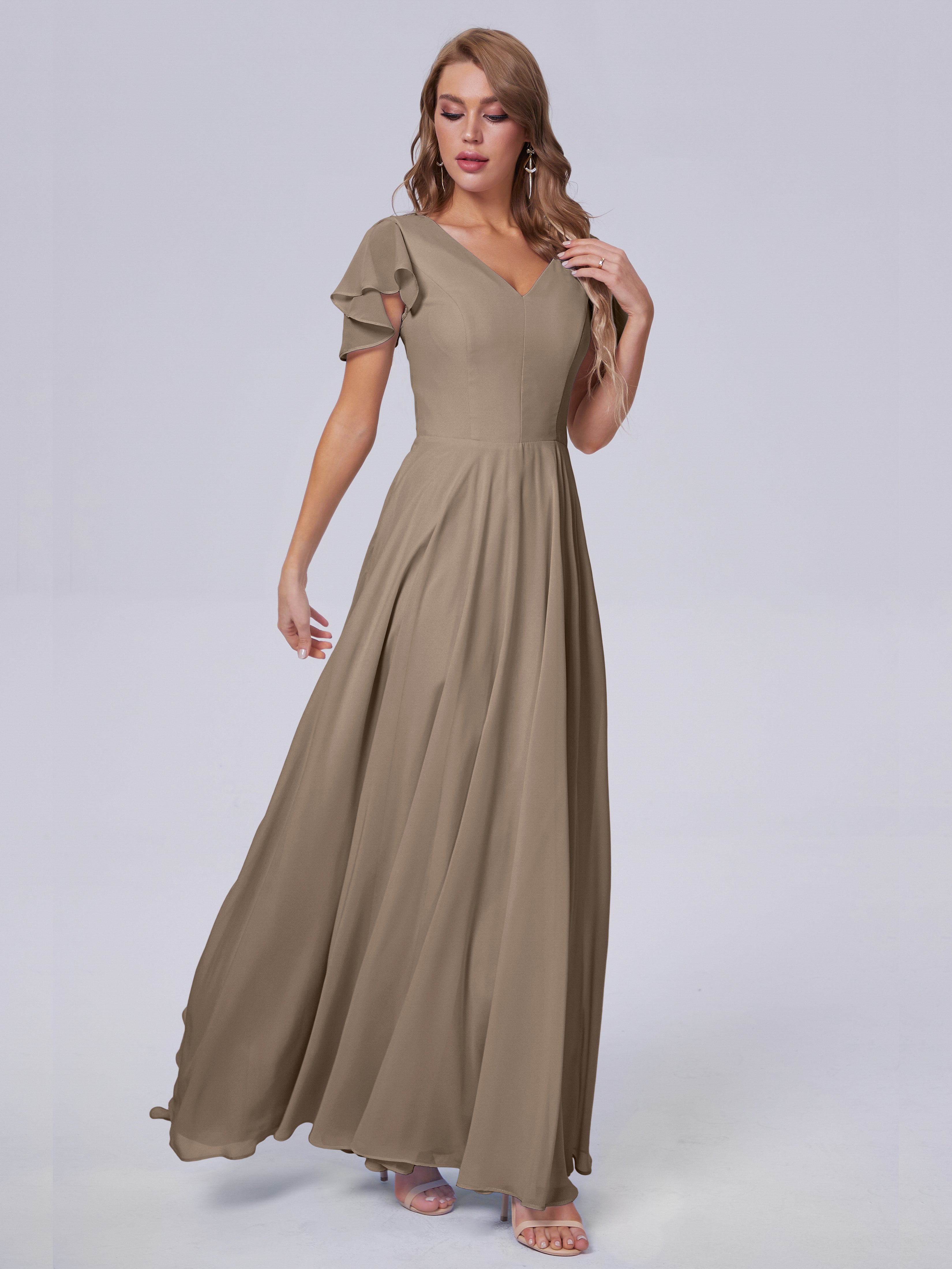 Robe De Couleur Taupe Manches Courtes Col V Mousseline Robes Demoiselle D'Honneur