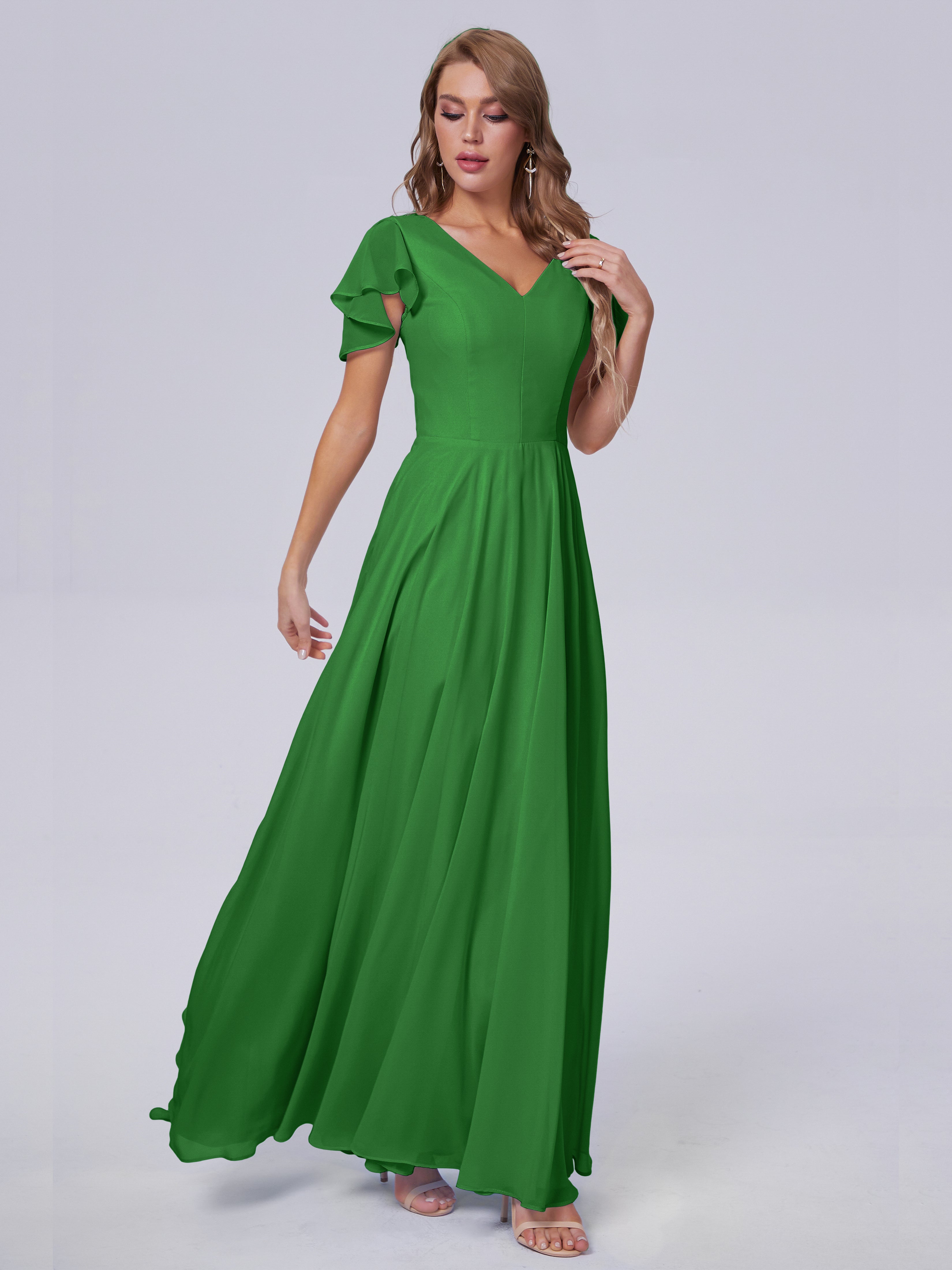 Robe Vert Demoiselle D Honneur Manches Courtes Mousseline Robes Demoiselle D'Honneur