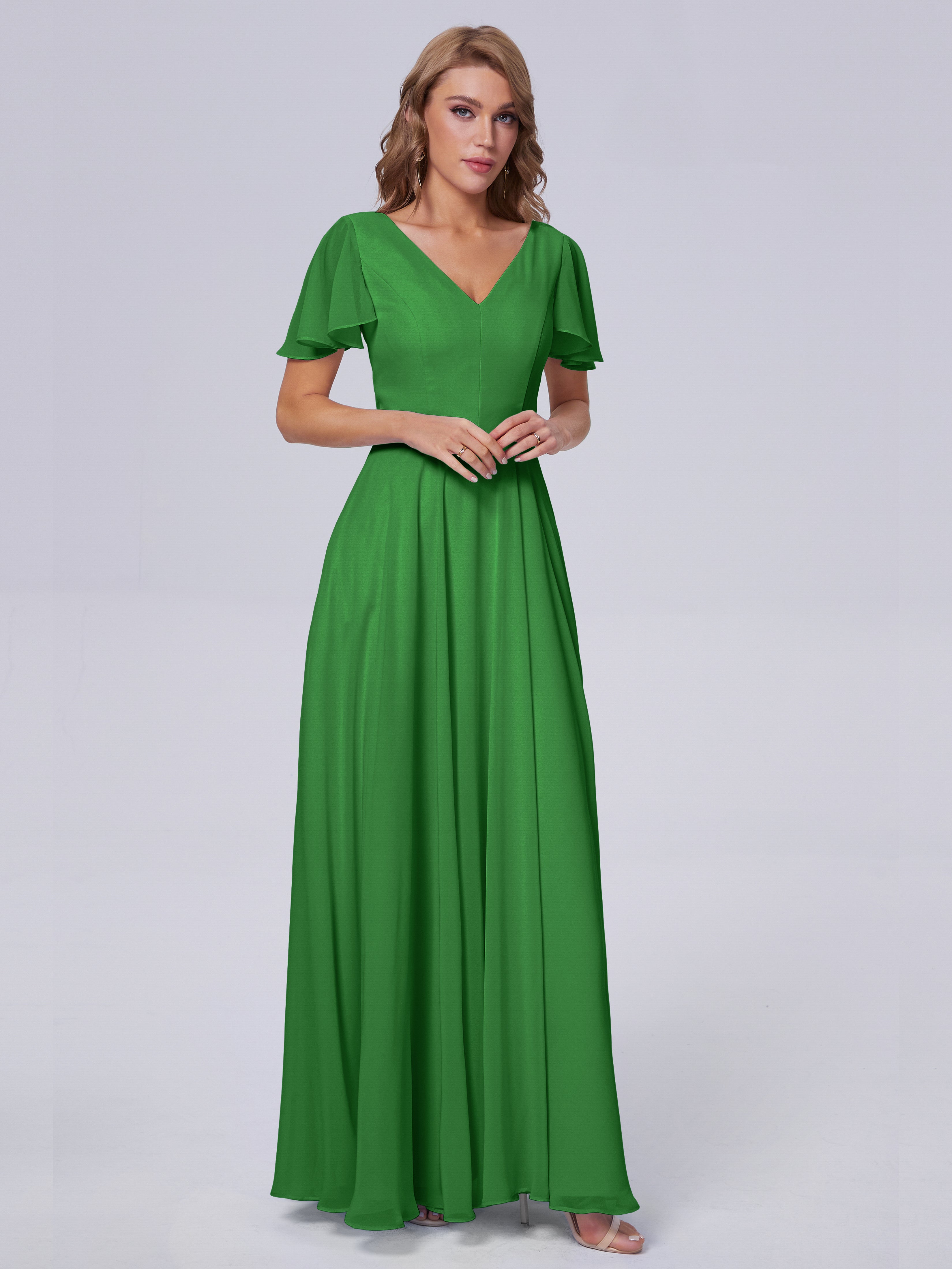 Robe Vert Demoiselle D Honneur Manches Courtes Mousseline Robes Demoiselle D'Honneur