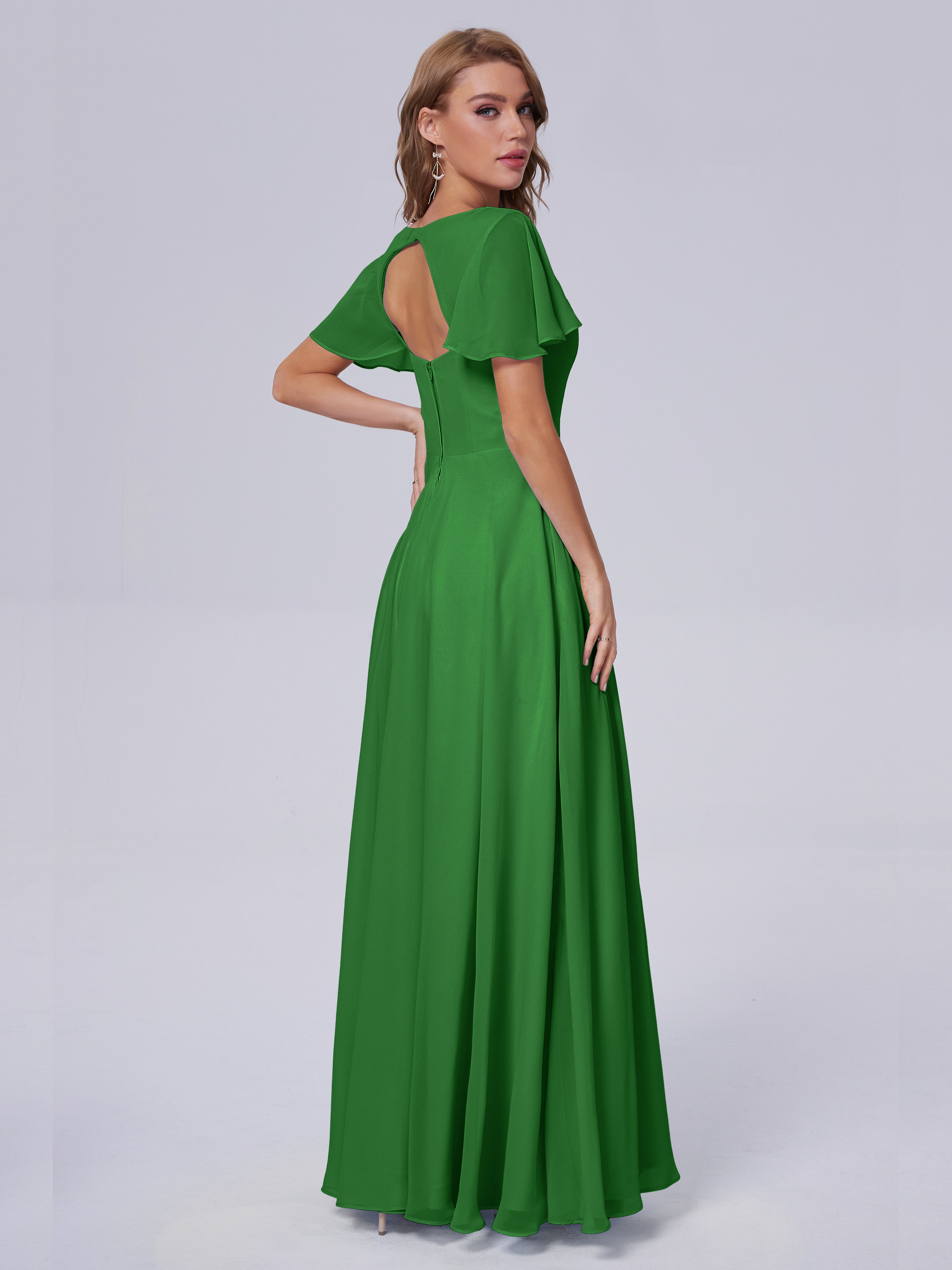 Robe Vert Demoiselle D Honneur Manches Courtes Mousseline Robes Demoiselle D'Honneur