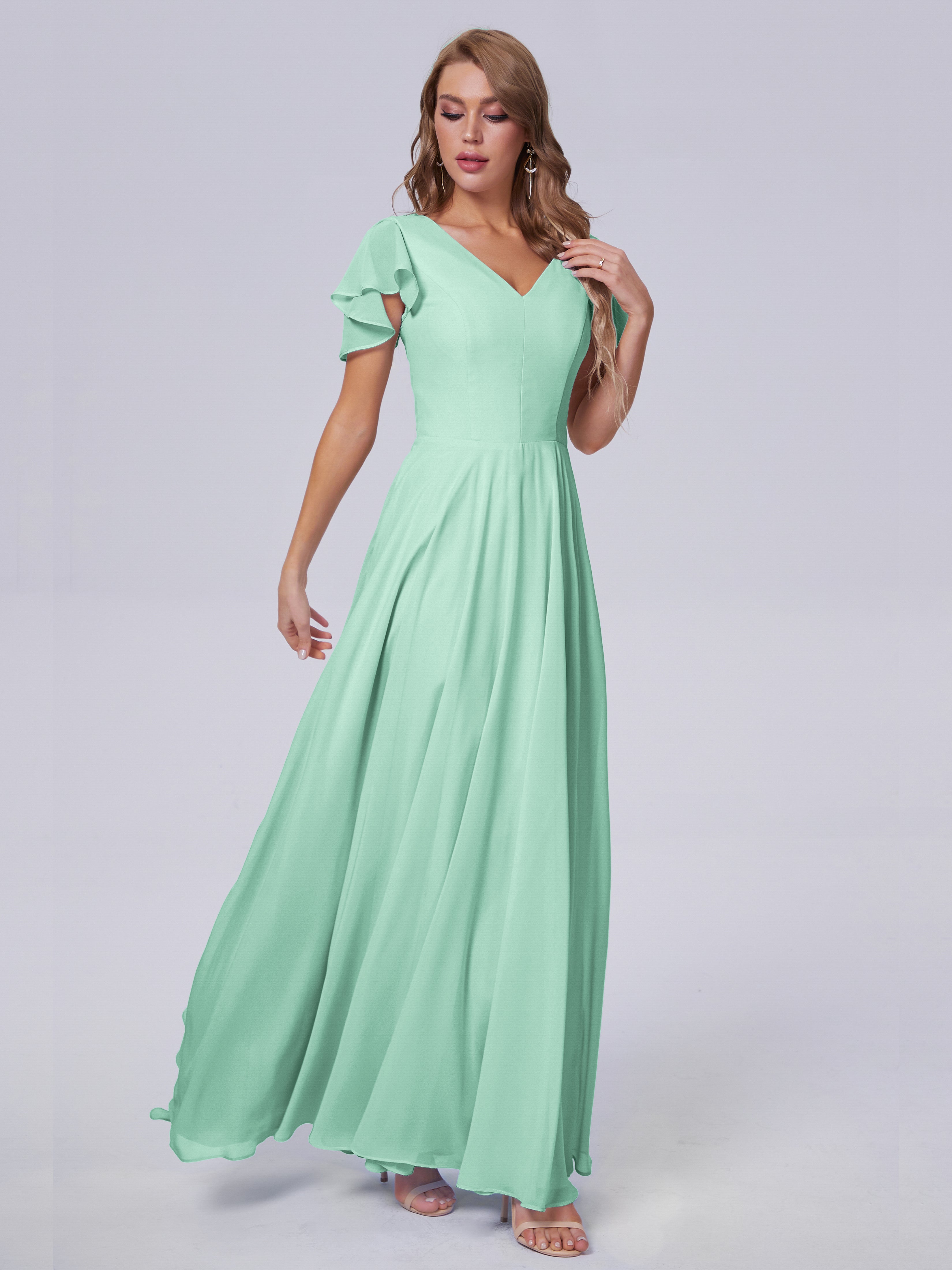 Robe Vert Menthe Demoiselle D Honneur Manches Courtes Mousseline Robes Demoiselle D'Honneur