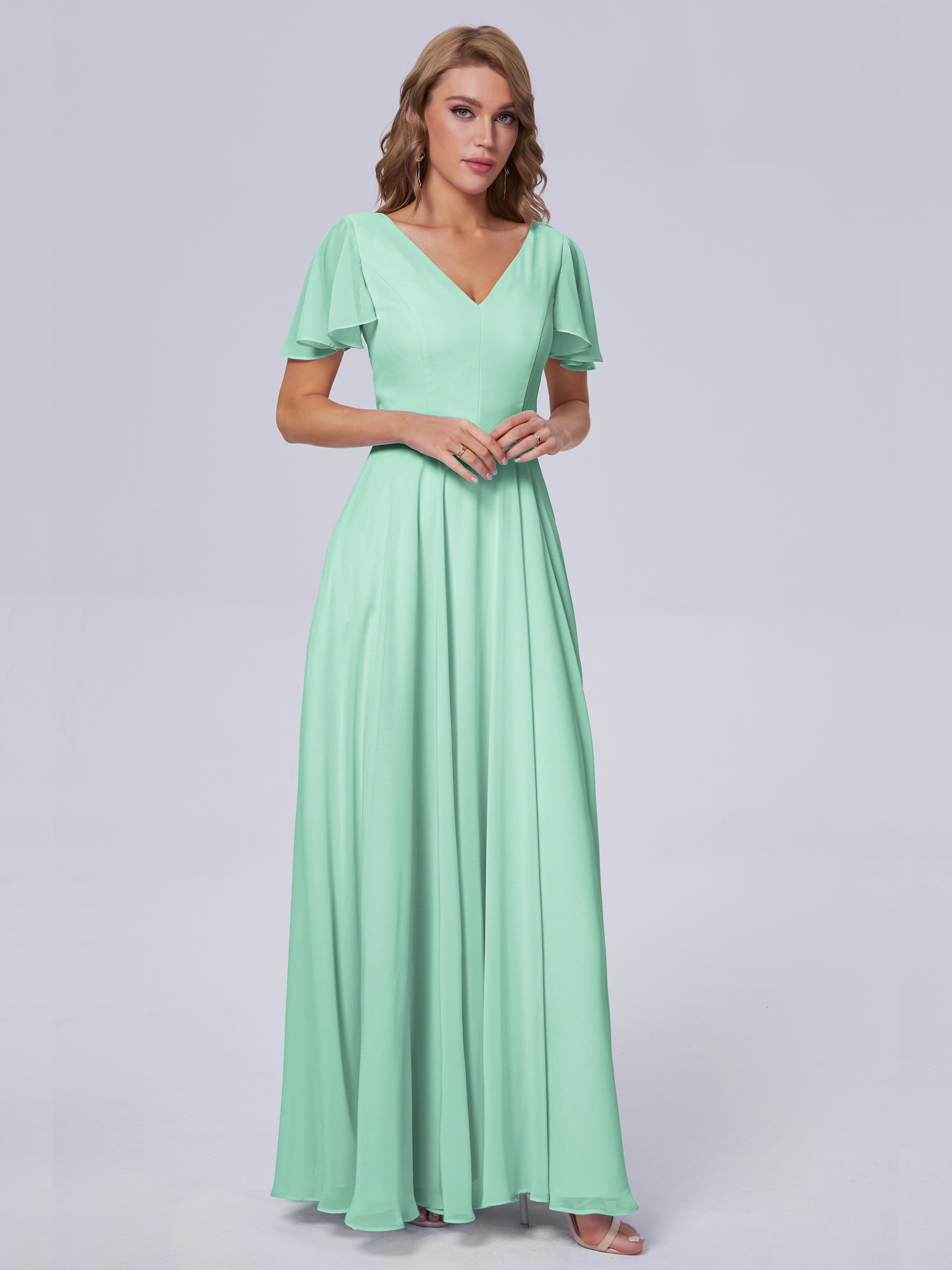 Robe Vert Menthe Demoiselle D Honneur Manches Courtes Mousseline Robes Demoiselle D'Honneur