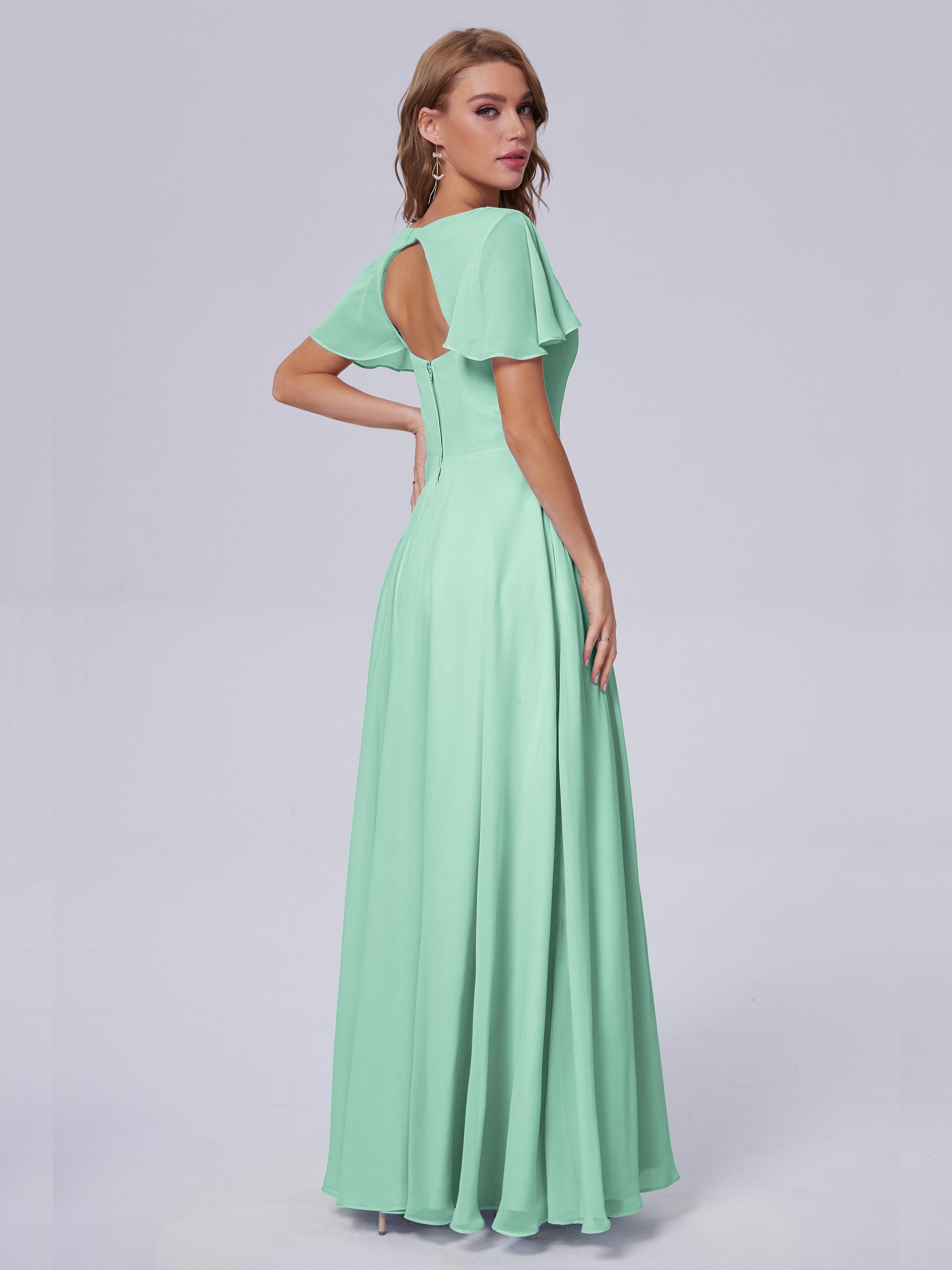Robe Vert Menthe Demoiselle D Honneur Manches Courtes Mousseline Robes Demoiselle D'Honneur