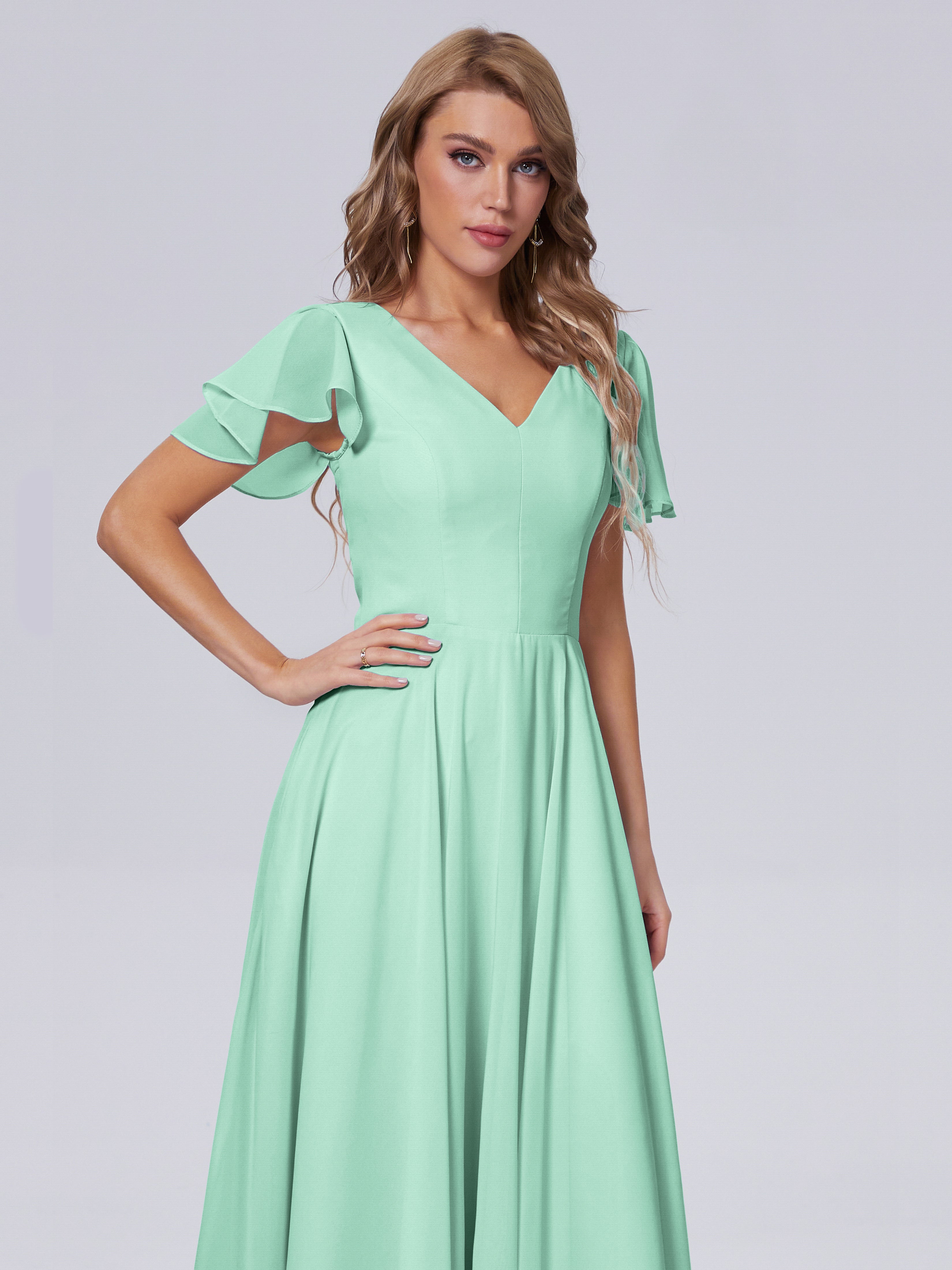 Robe Vert Menthe Demoiselle D Honneur Manches Courtes Mousseline Robes Demoiselle D'Honneur