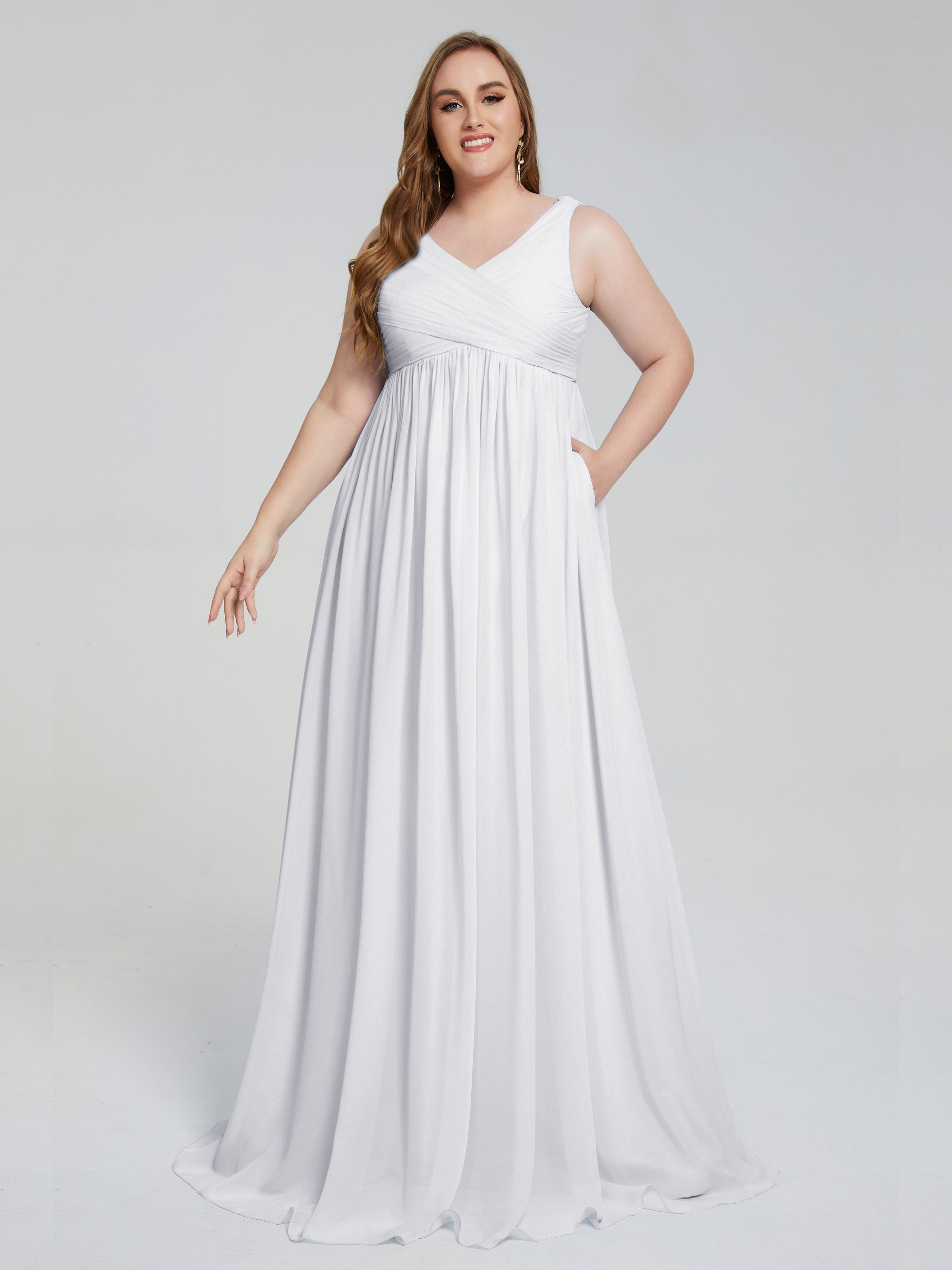 Robe Blanche De Demoiselle D Honneur Bretelles Col V Mousseline Robes Demoiselle D'Honneur Grande Taille