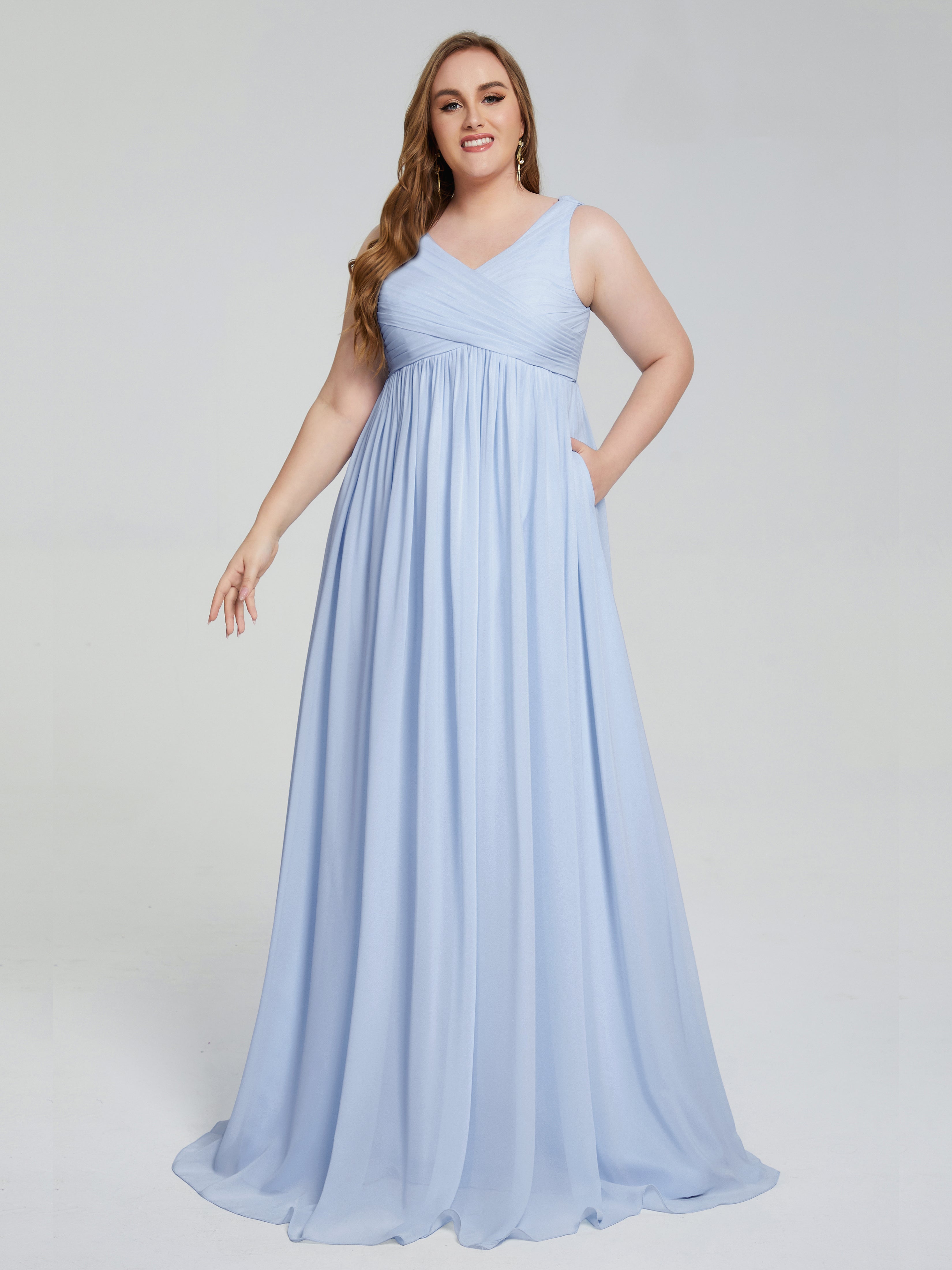 Robe Demoiselle D Honneur Bleue Ciel Bretelles Col V Mousseline Robes Demoiselle D'Honneur Grande Taille