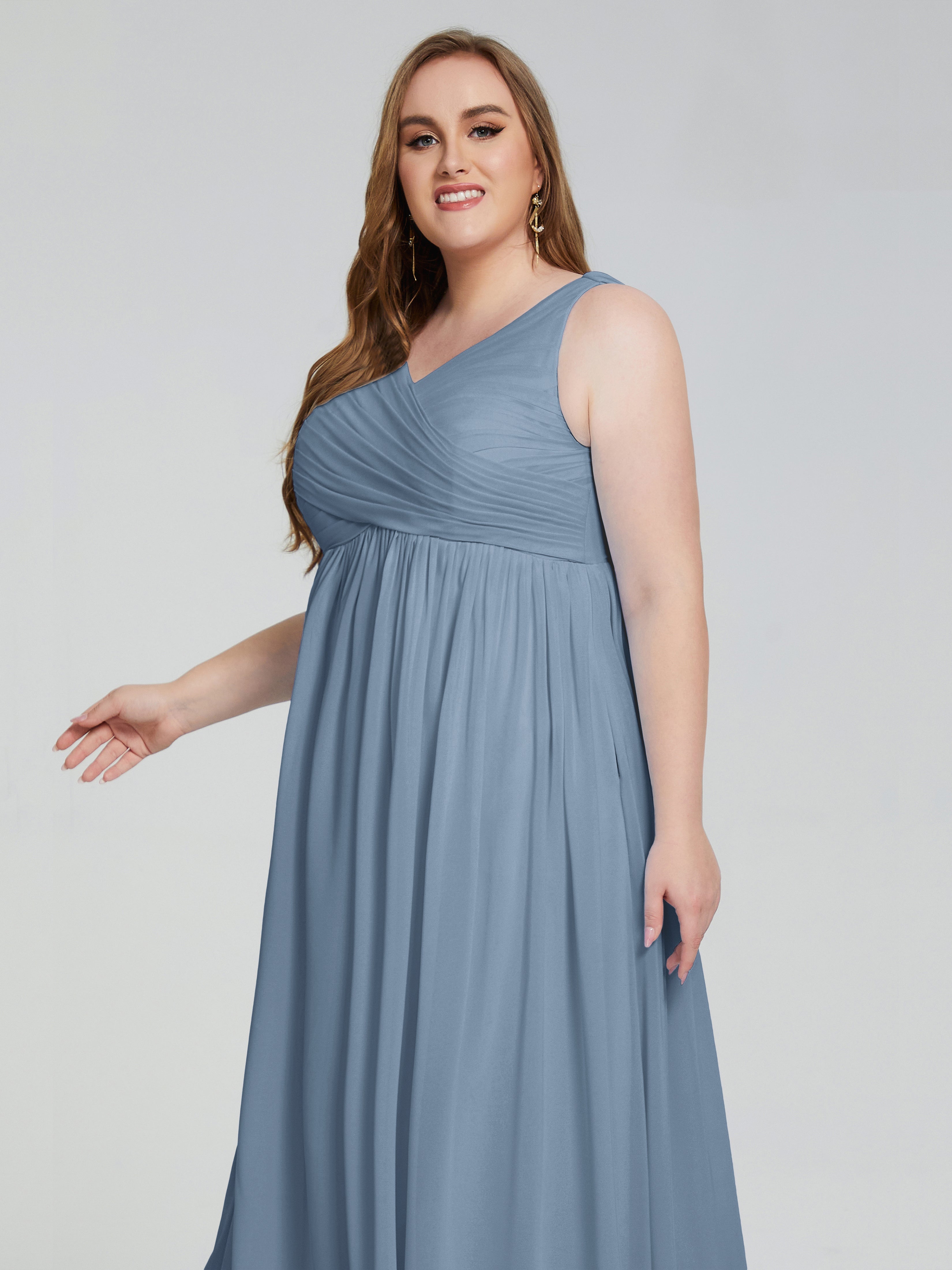 Robes De Demoiselle D'Honneur Bleu De Schiste Bretelles Col V Mousseline Robes Demoiselle D'Honneur Grande Taille