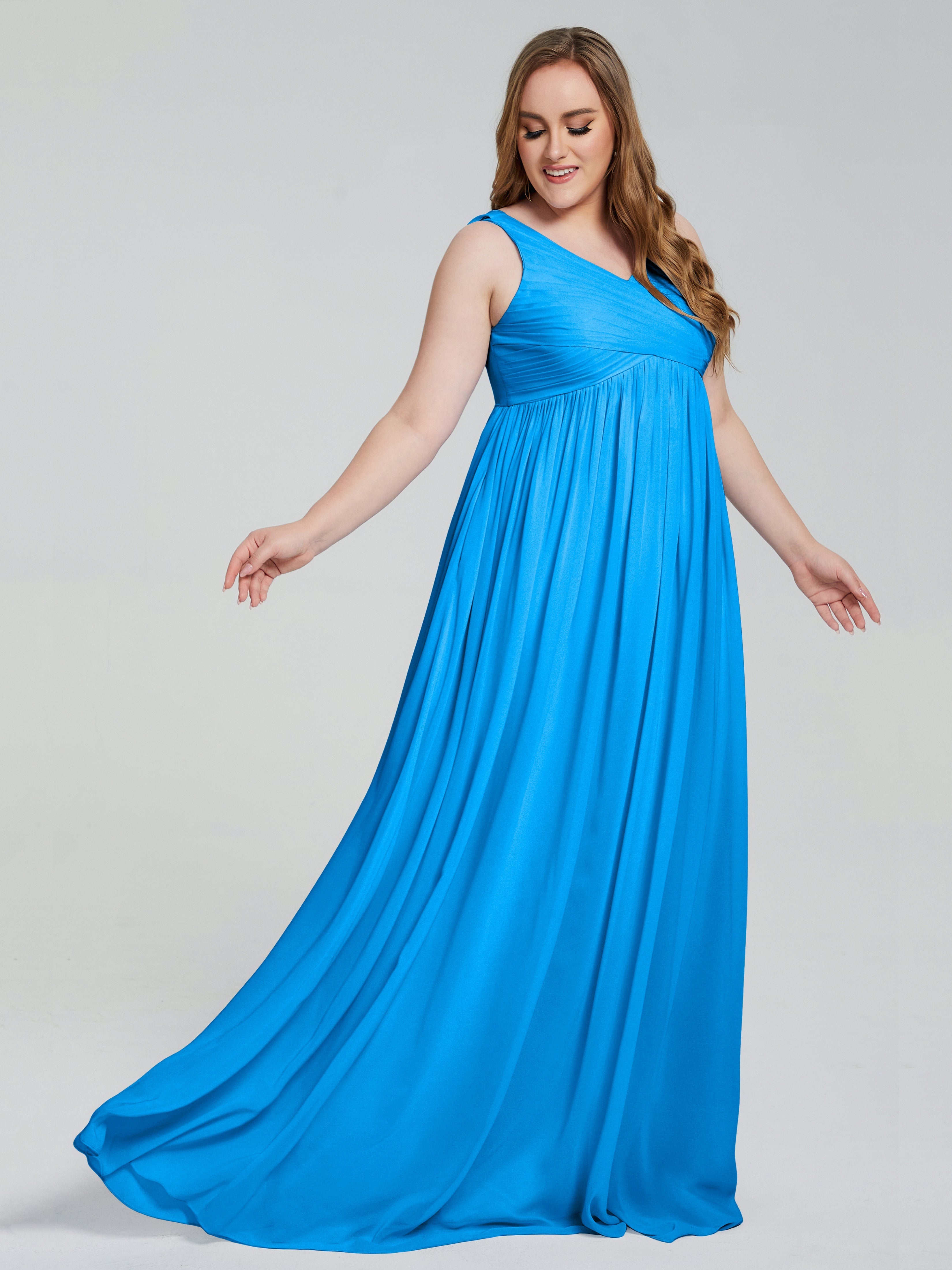 Robes De Demoiselle D'Honneur Bleu Océan Bretelles Col V Mousseline Robes Demoiselle D'Honneur Grande Taille