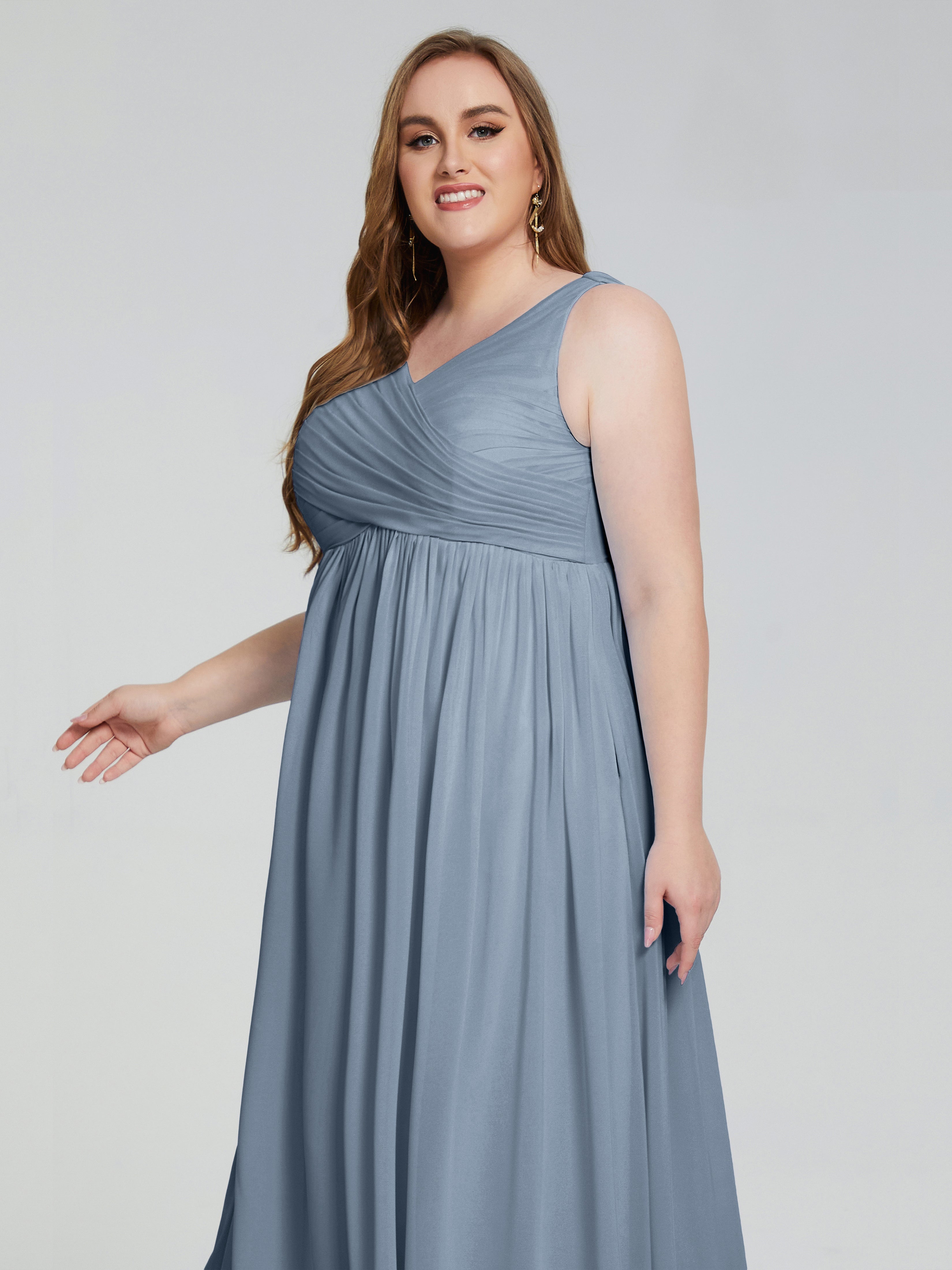 Robes De Demoiselle D'Honneur Bleu Gris Bretelles Col V Mousseline Robes Demoiselle D'Honneur Grande Taille