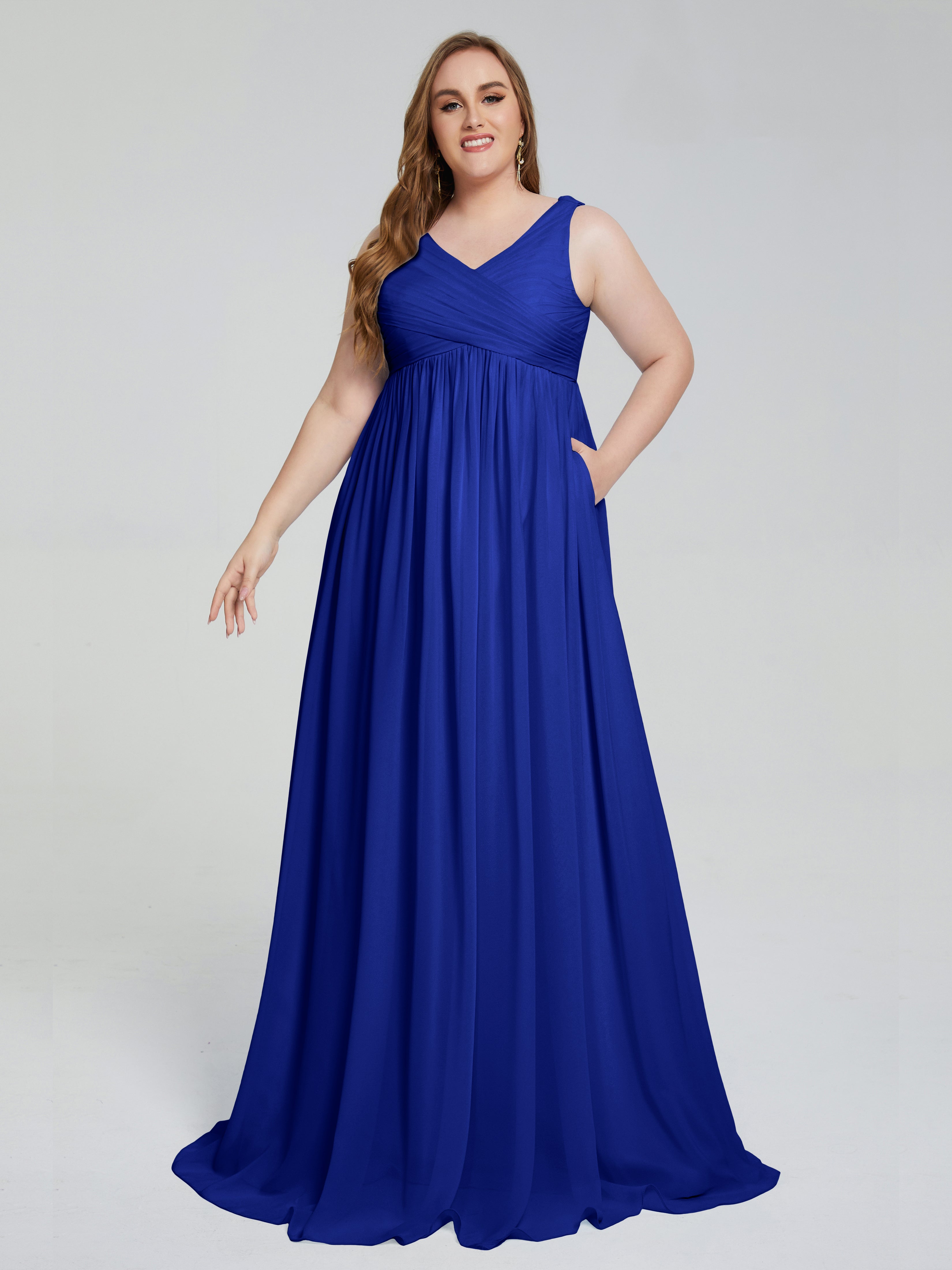 Robe Demoiselle D Honneur Bleue Roi Bretelles Col V Mousseline Robes Demoiselle D'Honneur Grande Taille