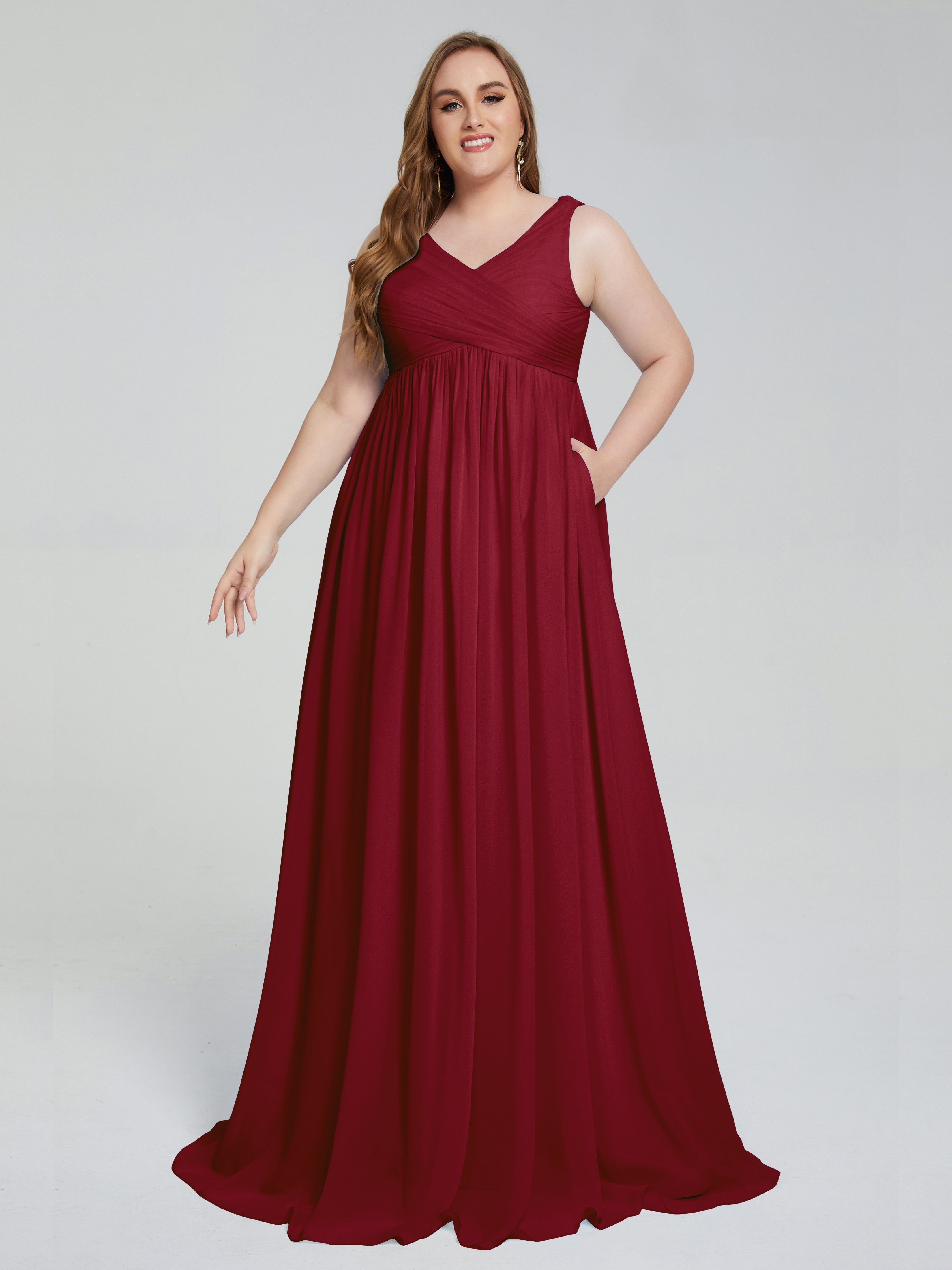 Robe Demoiselle D Honneur Rouge Bordeaux Bretelles Col V Mousseline Robes Demoiselle D'Honneur Grande Taille