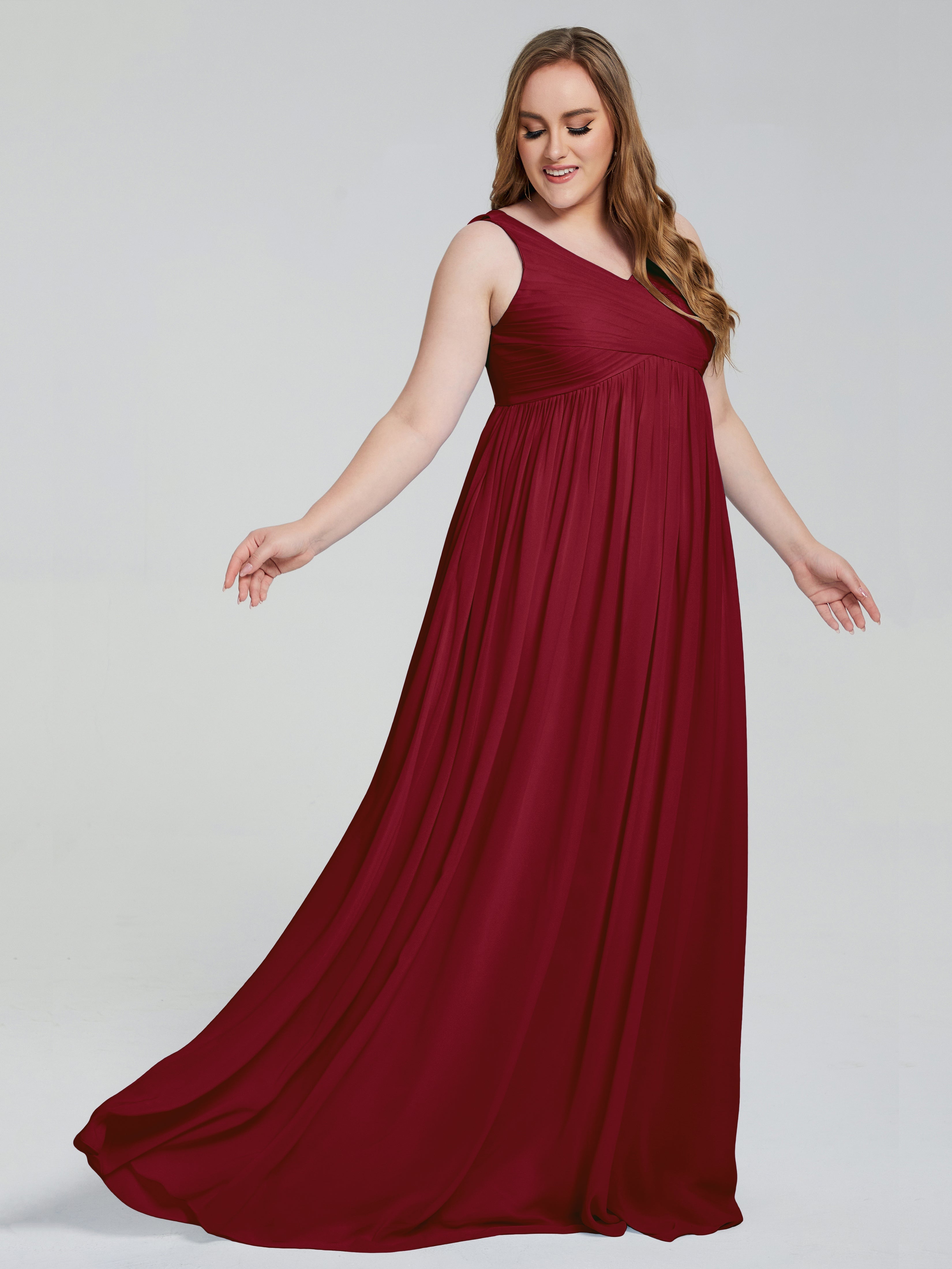 Robe Demoiselle D Honneur Rouge Bordeaux Bretelles Col V Mousseline Robes Demoiselle D'Honneur Grande Taille