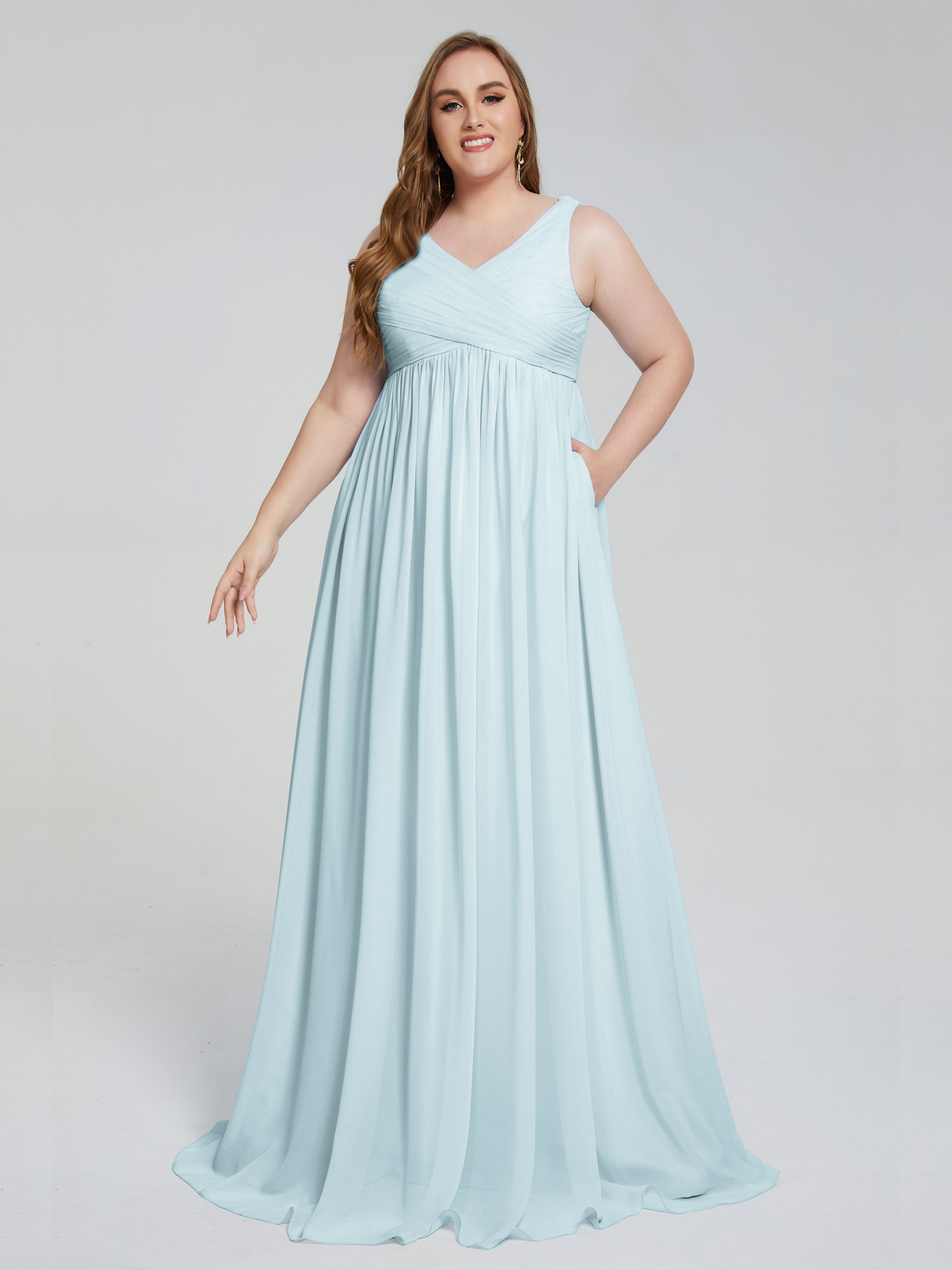 Robe De Demoiselle D'Honneur Brume Bretelles Col V Mousseline Robes Demoiselle D'Honneur Grande Taille