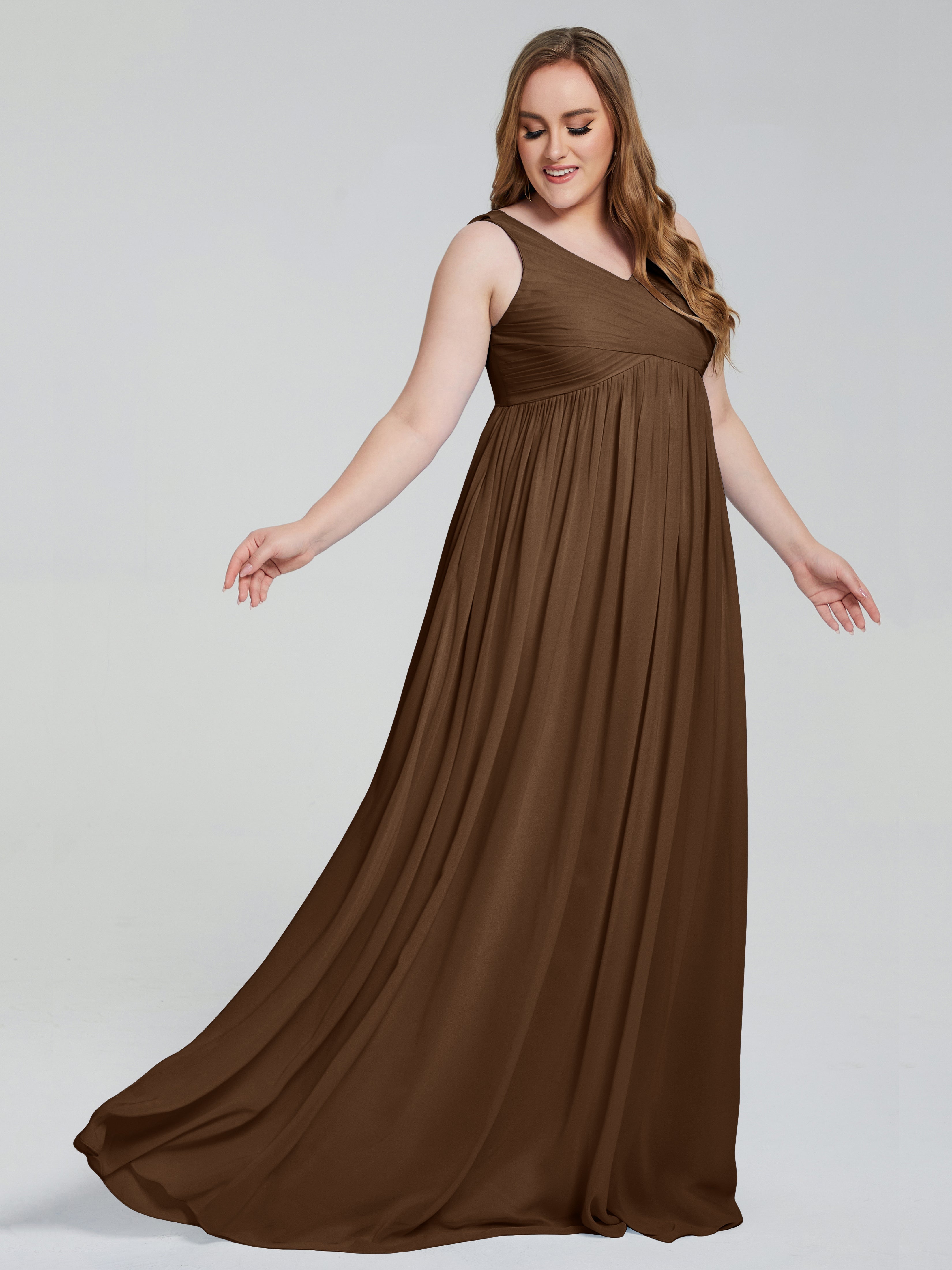 Robes De Demoiselle D'Honneur Brun Bretelles Col V Mousseline Robes Demoiselle D'Honneur Grande Taille