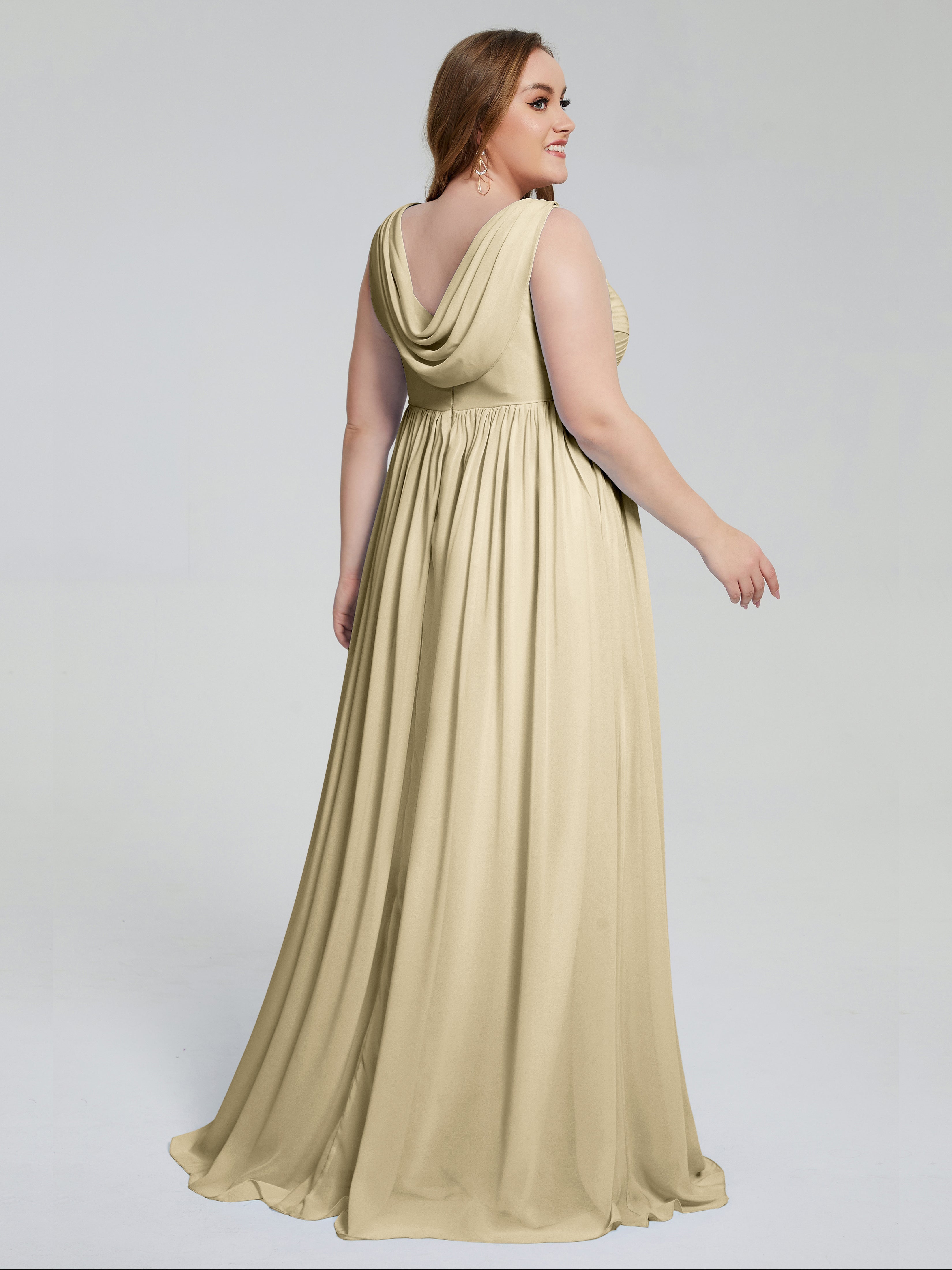 Robe De Demoiselle D'Honneur Champagne Bretelles Col V Mousseline Robes Demoiselle D'Honneur Grande Taille