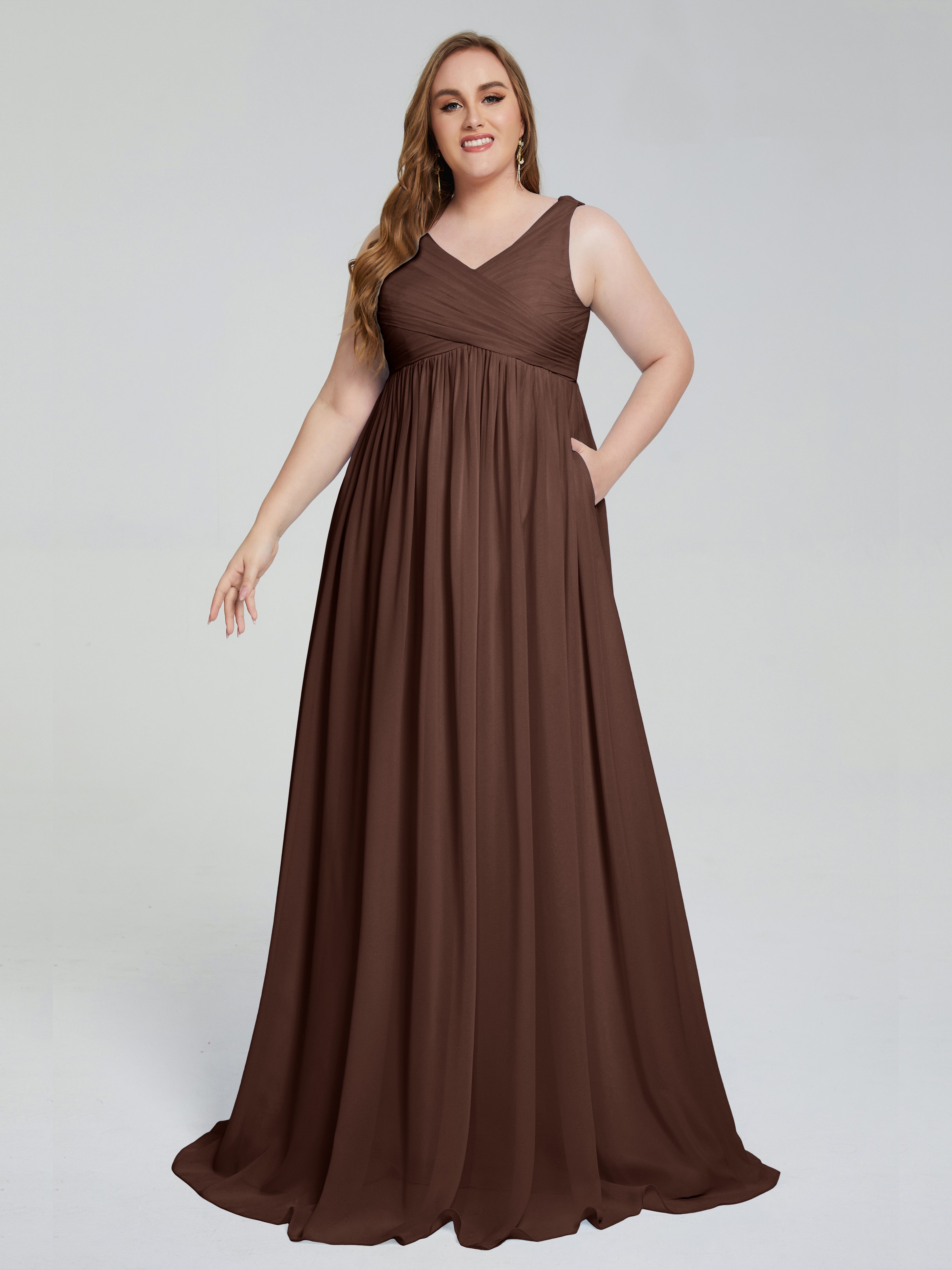 Robe Demoiselle D Honneur Marron Chocolat Bretelles Col V Mousseline Robes Demoiselle D'Honneur Grande Taille
