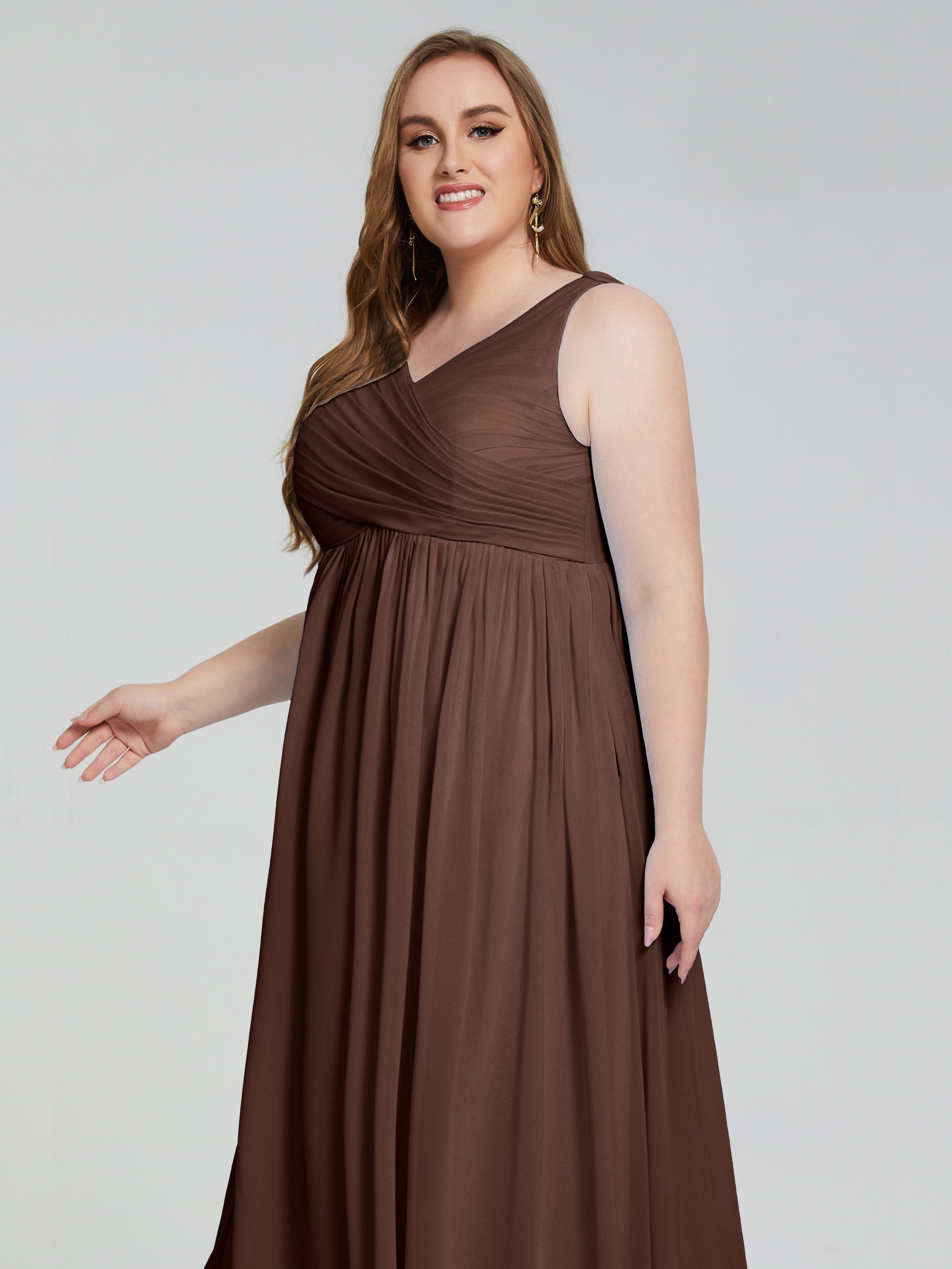 Robe Demoiselle D Honneur Marron Chocolat Bretelles Col V Mousseline Robes Demoiselle D'Honneur Grande Taille