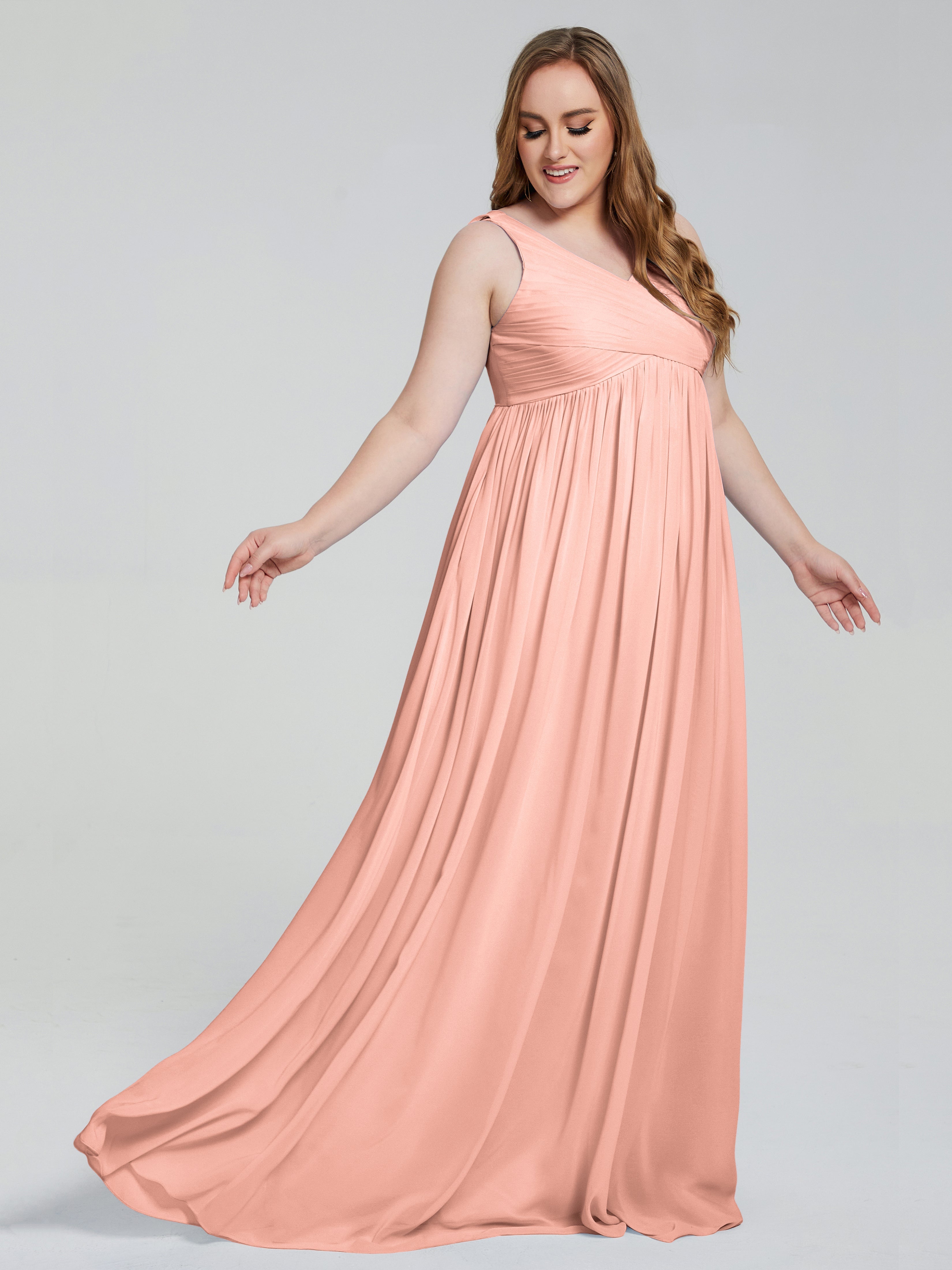 Demoiselle D Honneur Corail Bretelles Col V Mousseline Robes Demoiselle D'Honneur Grande Taille