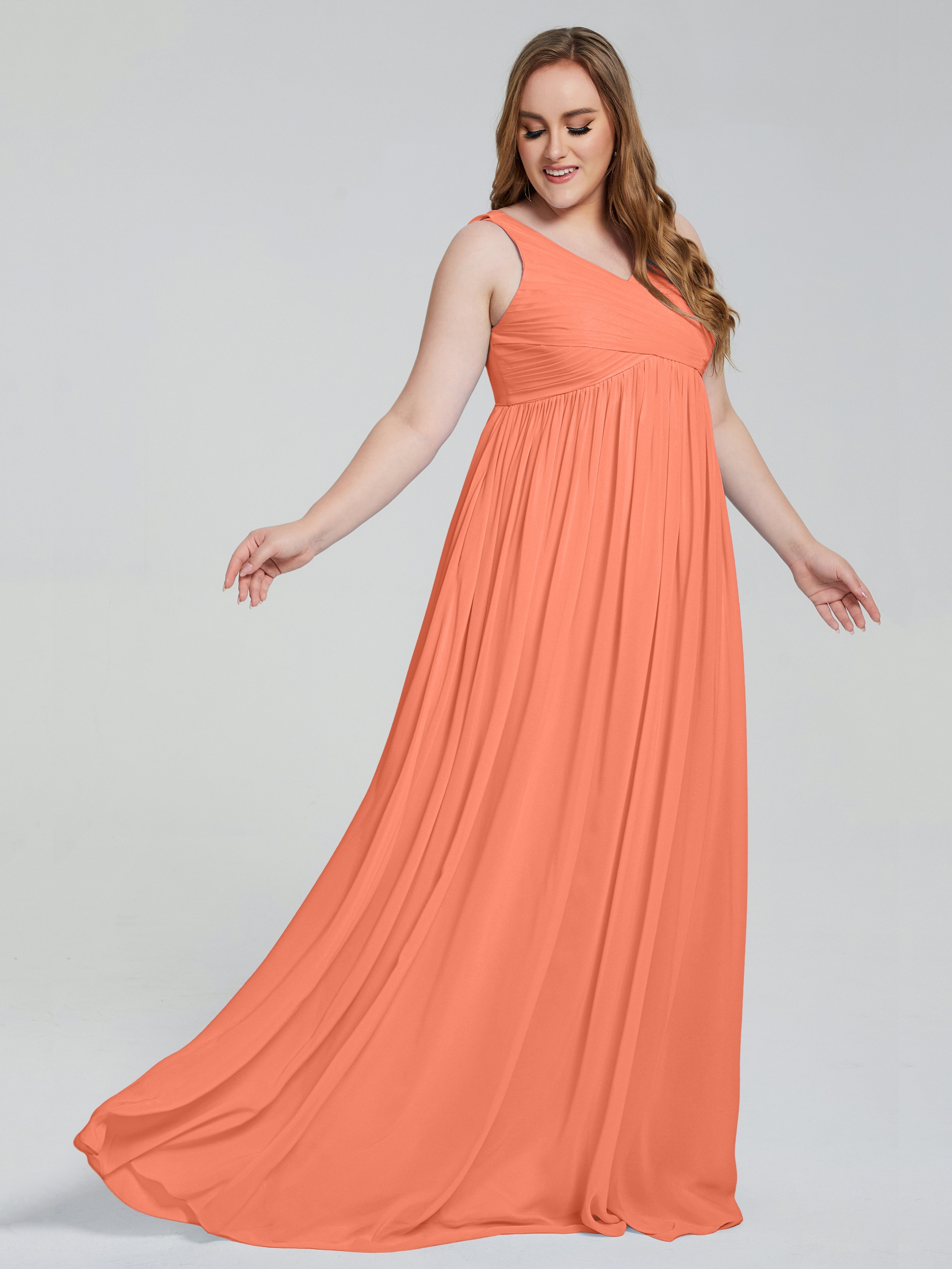 Robes De Demoiselle D'Honneur Coucher De Soleil Bretelles Col V Mousseline Robes Demoiselle D'Honneur Grande Taille