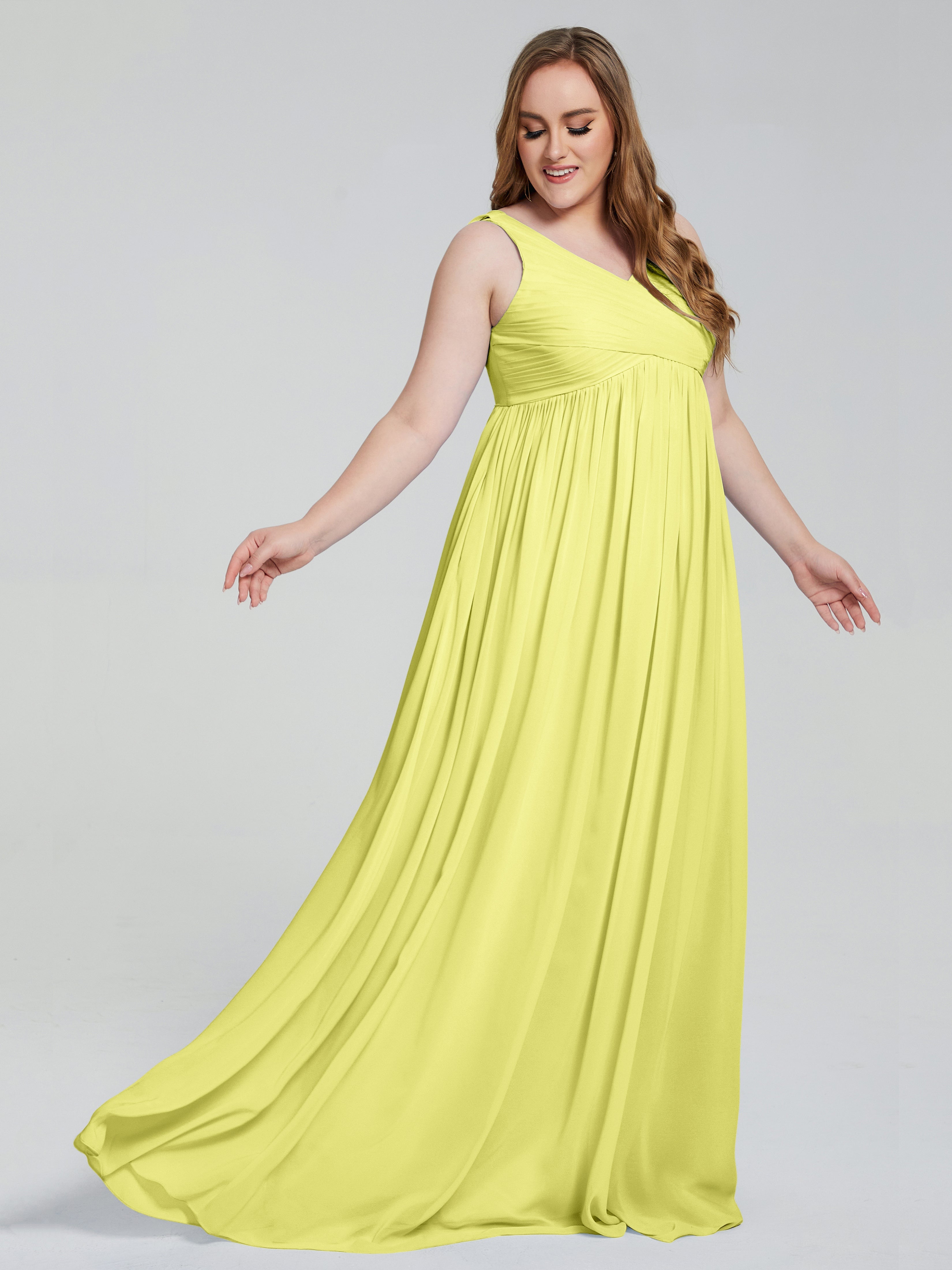 Robes De Demoiselle D'Honneur Jonquille Bretelles Col V Mousseline Robes Demoiselle D'Honneur Grande Taille