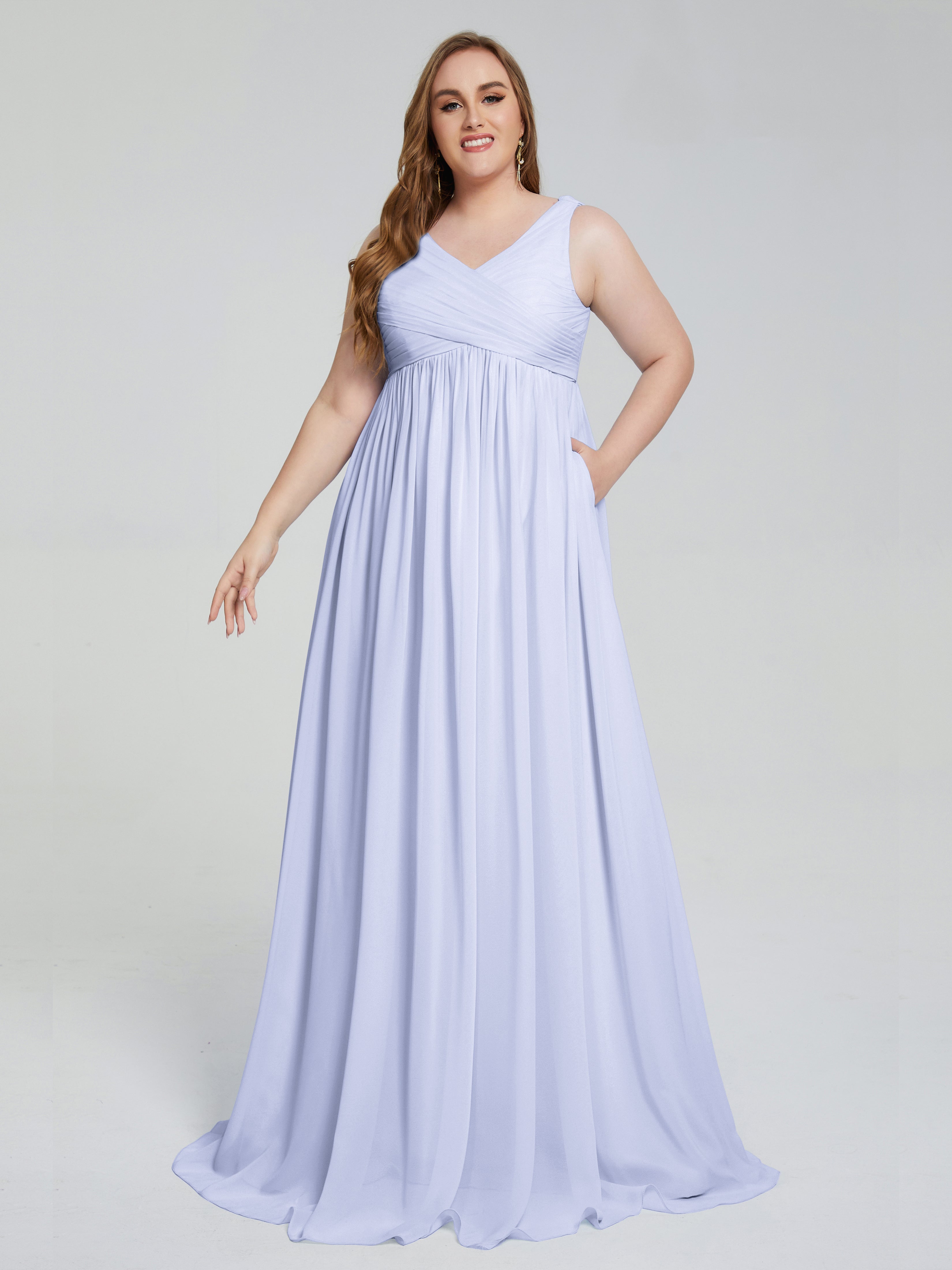 Robe De Demoiselle D'Honneur Lavande Bretelles Col V Mousseline Robes Demoiselle D'Honneur Grande Taille