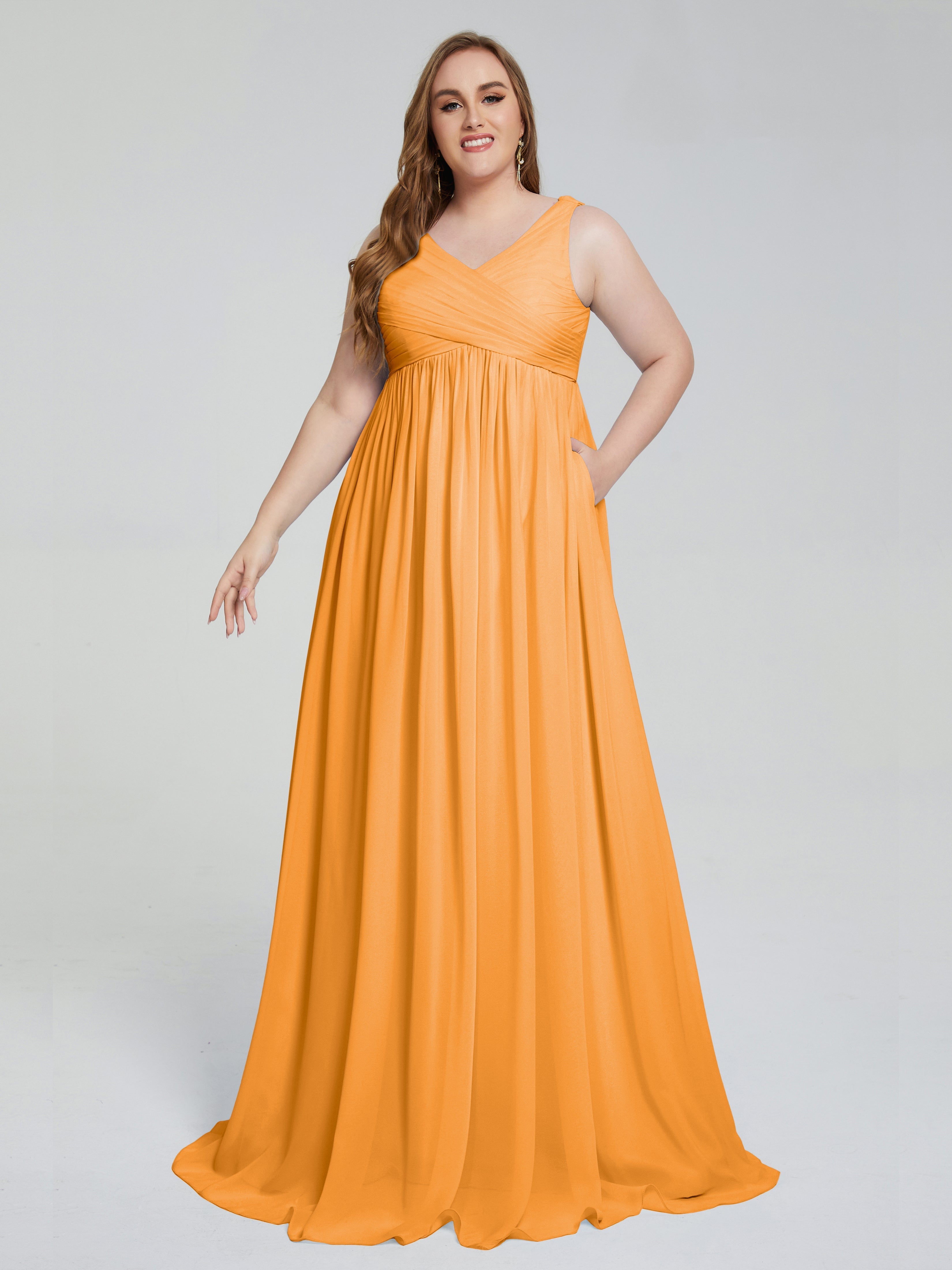 Robes De Demoiselle D'Honneur Mandarine Bretelles Col V Mousseline Robes Demoiselle D'Honneur Grande Taille