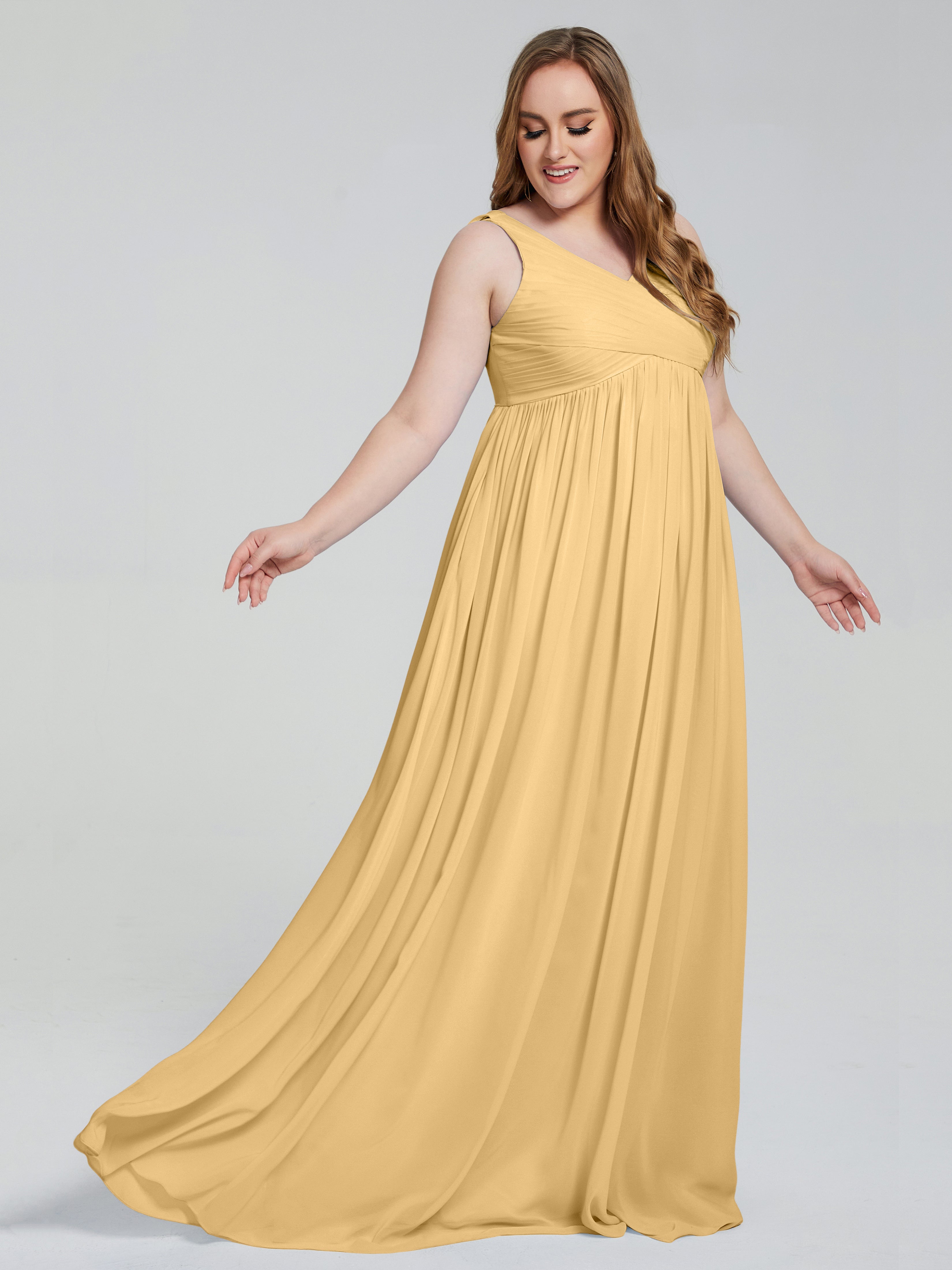 Robe Demoiselle D Honneur Doré Bretelles Col V Mousseline Robes Demoiselle D'Honneur Grande Taille