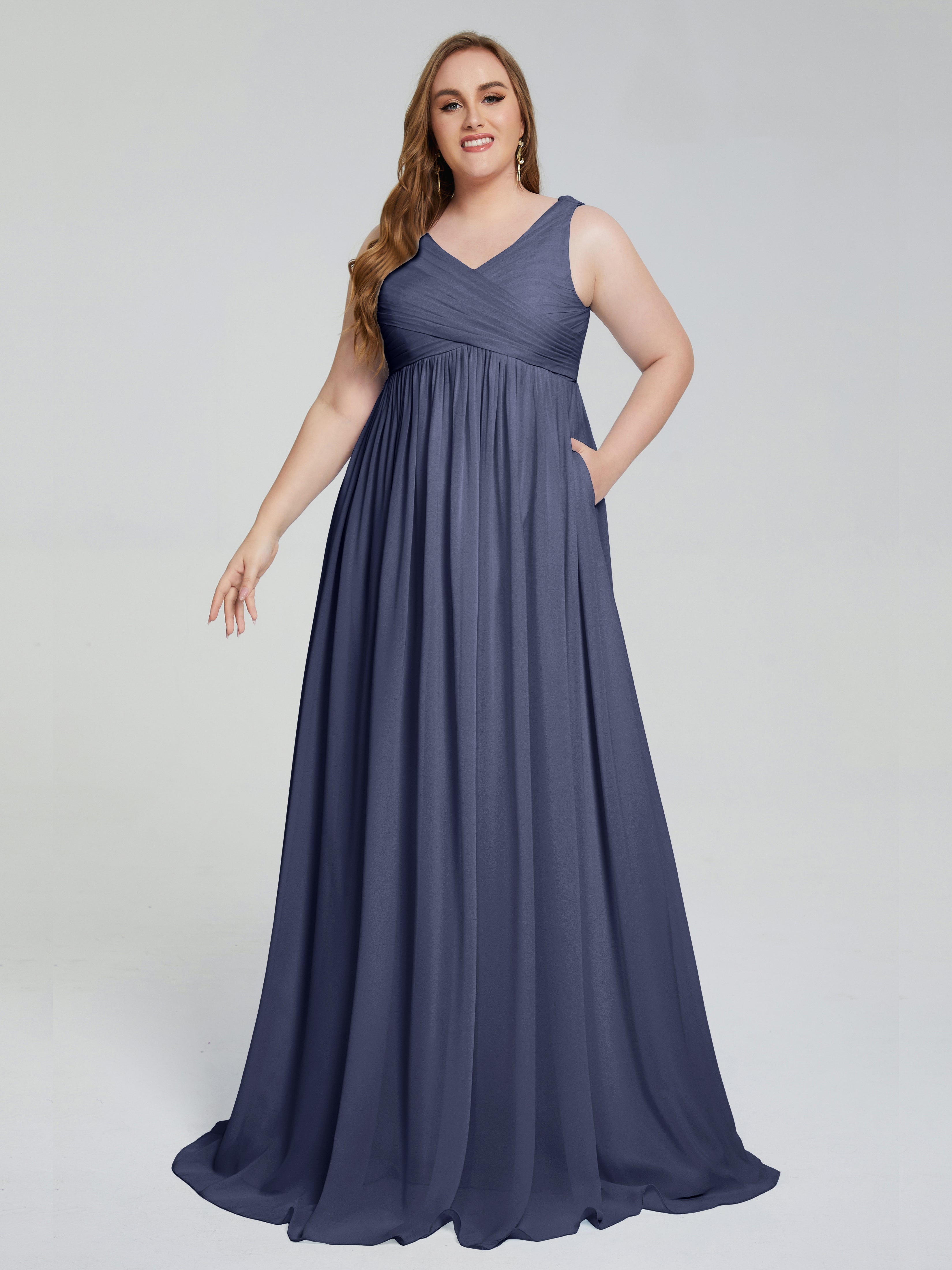 Robes De Demoiselle D'Honneur Bleu Orageux Bretelles Col V Mousseline Robes Demoiselle D'Honneur Grande Taille