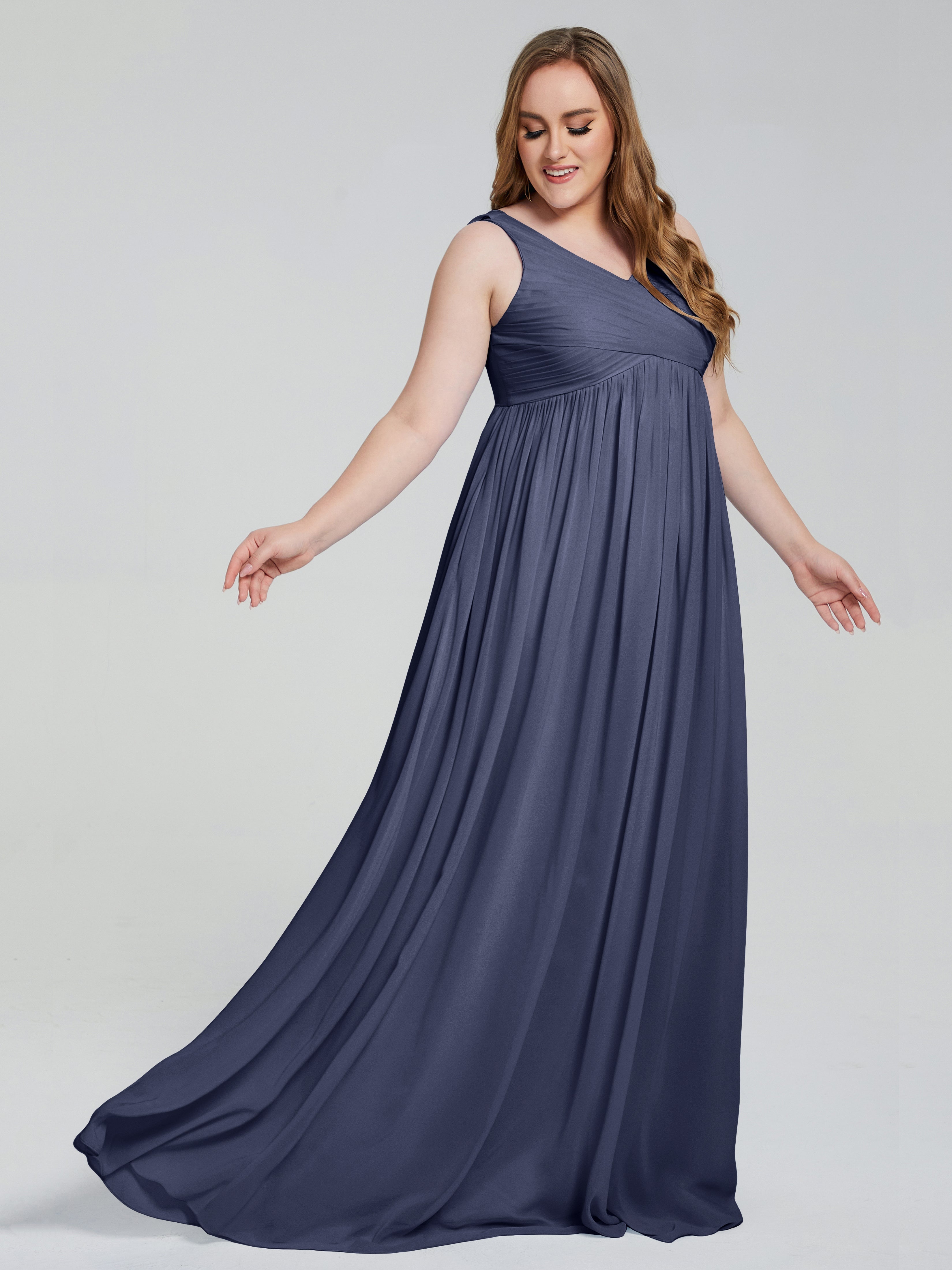 Robes De Demoiselle D'Honneur Bleu Orageux Bretelles Col V Mousseline Robes Demoiselle D'Honneur Grande Taille